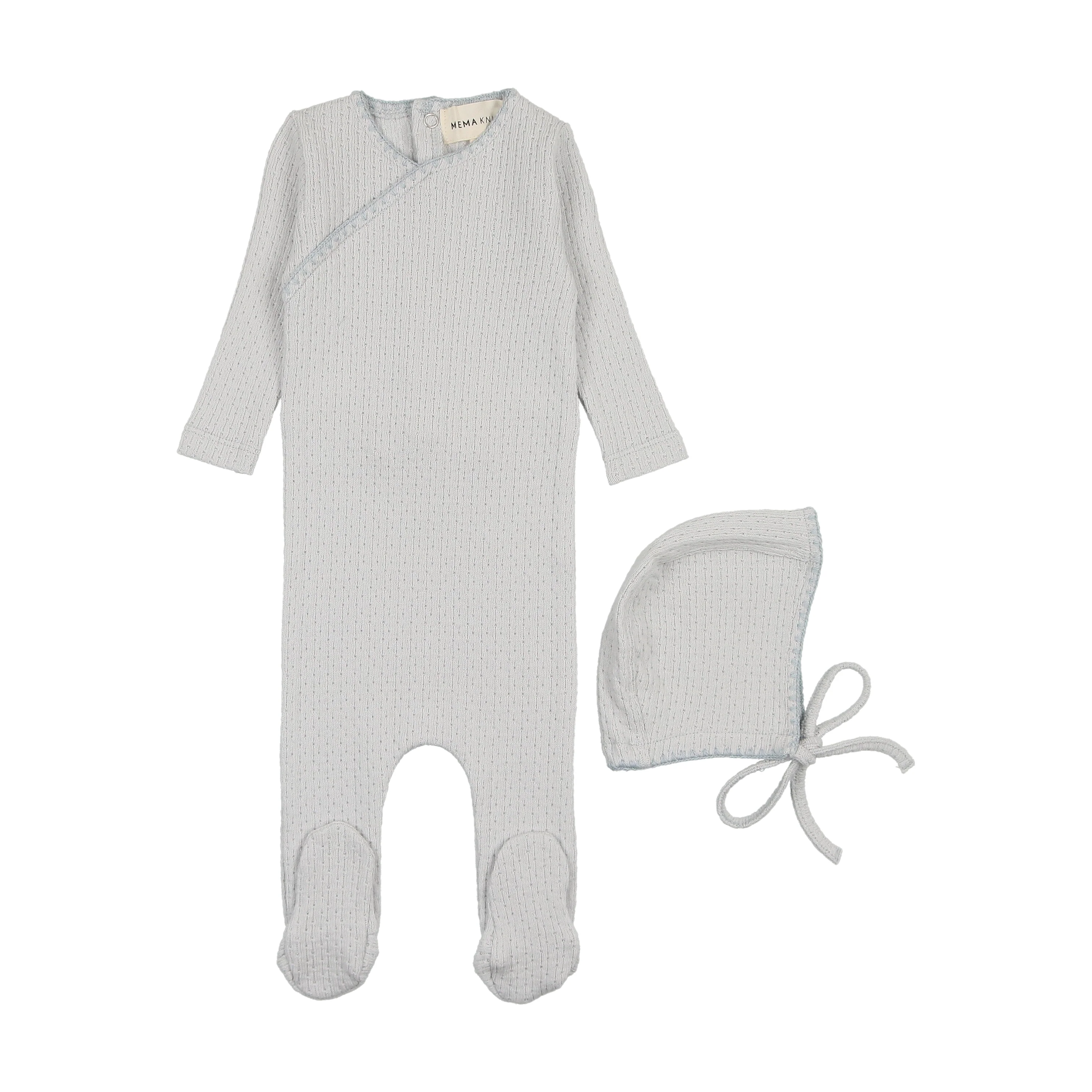 Mema Knits Embroidered Edge Footie & Bonnet - Soft Blue