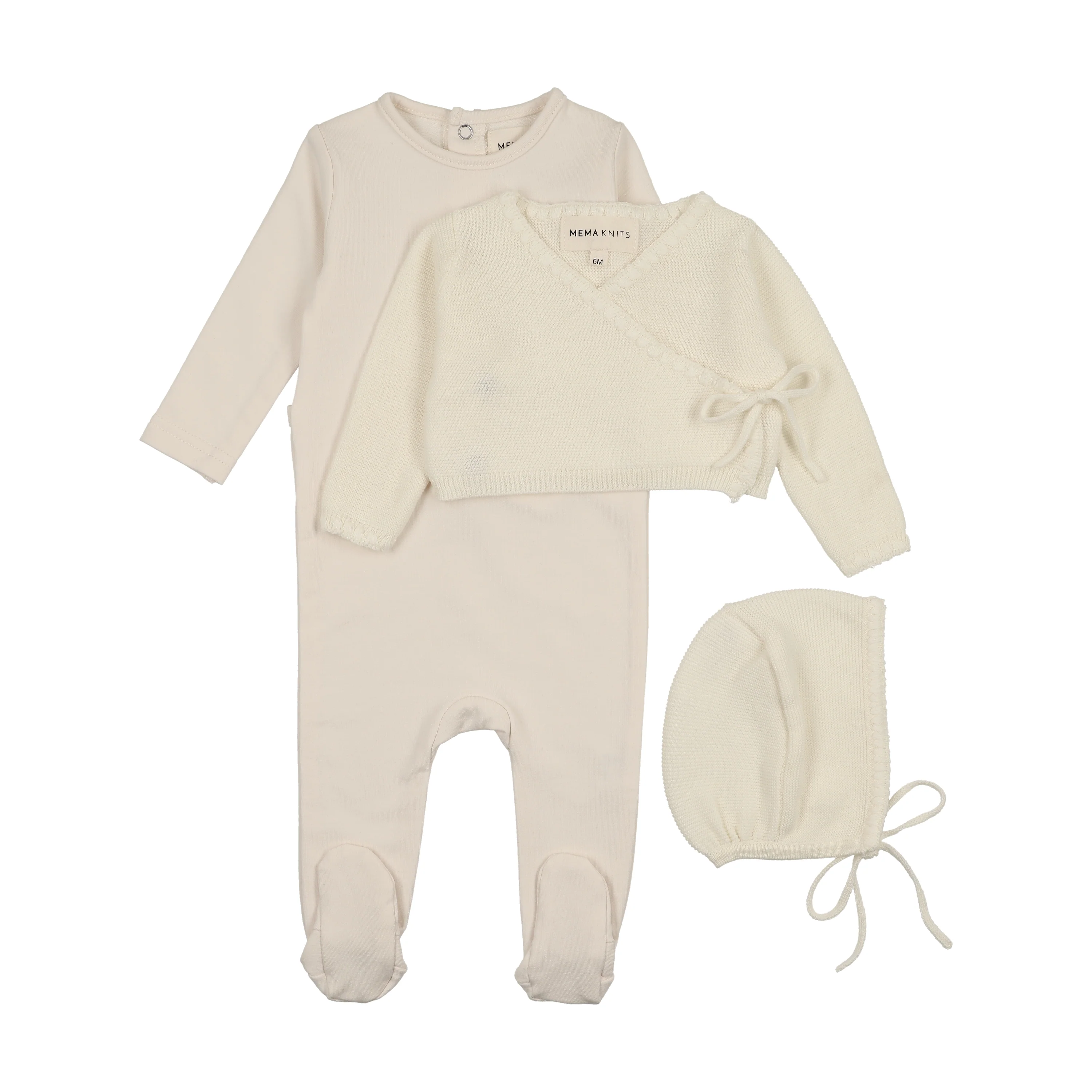 Mema Knits Embroidered Edge Knit Sweater, Bonnet and Footie - Ivory
