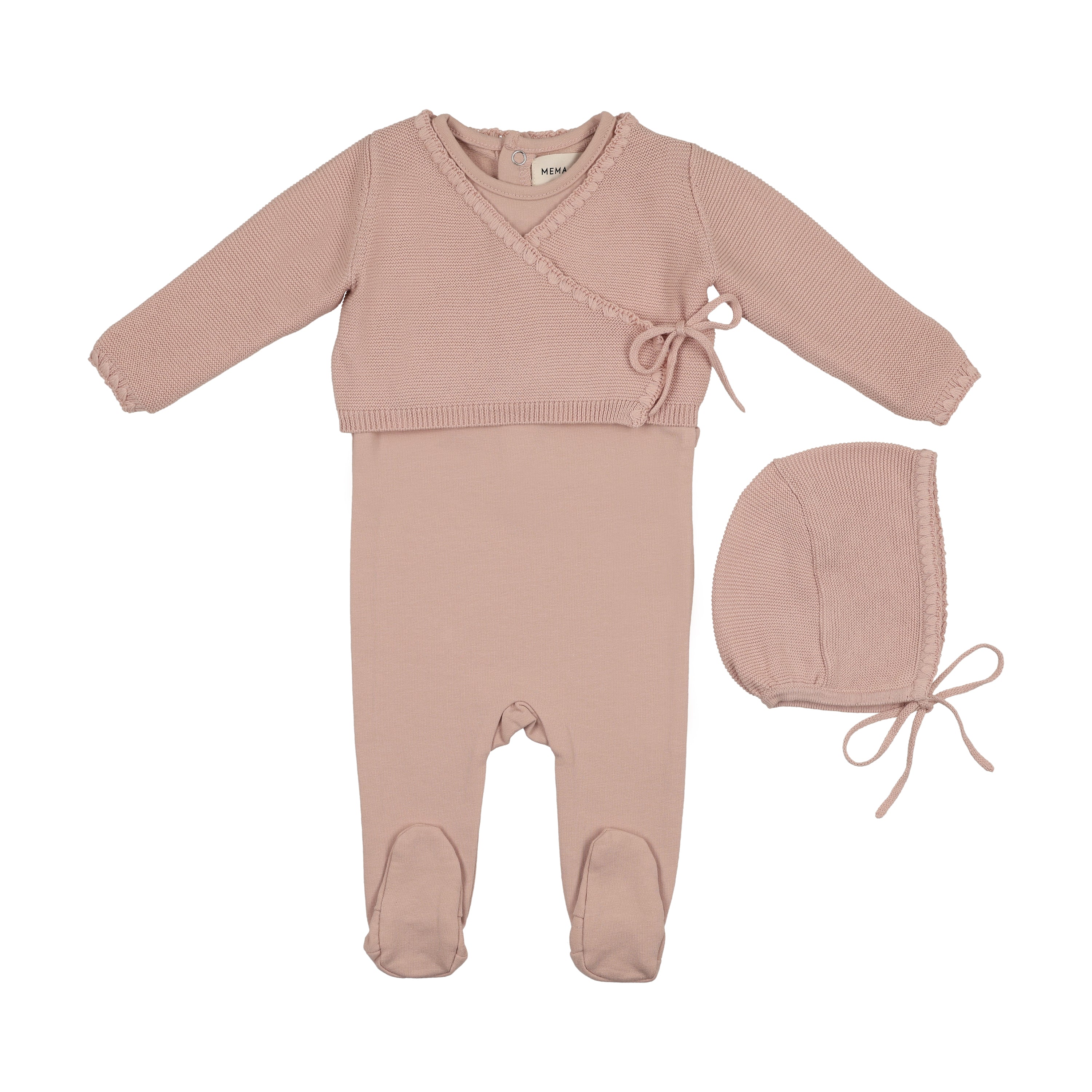 Mema Knits Embroidered Edge Knit Sweater, Bonnet and Footie - Pale Pink - Image 2
