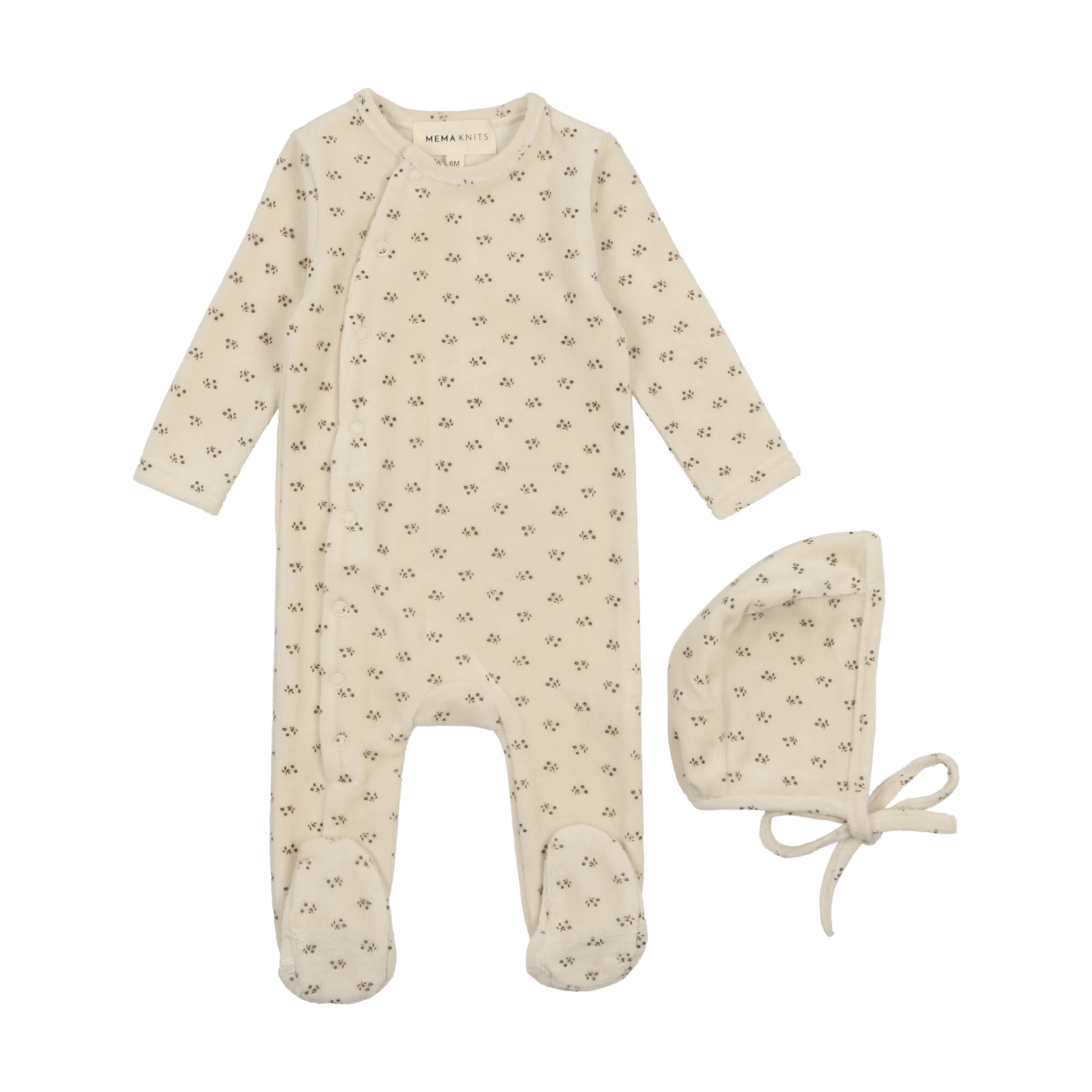 Mema Knits Floral Bud Footie + Bonnet - Printed Blue