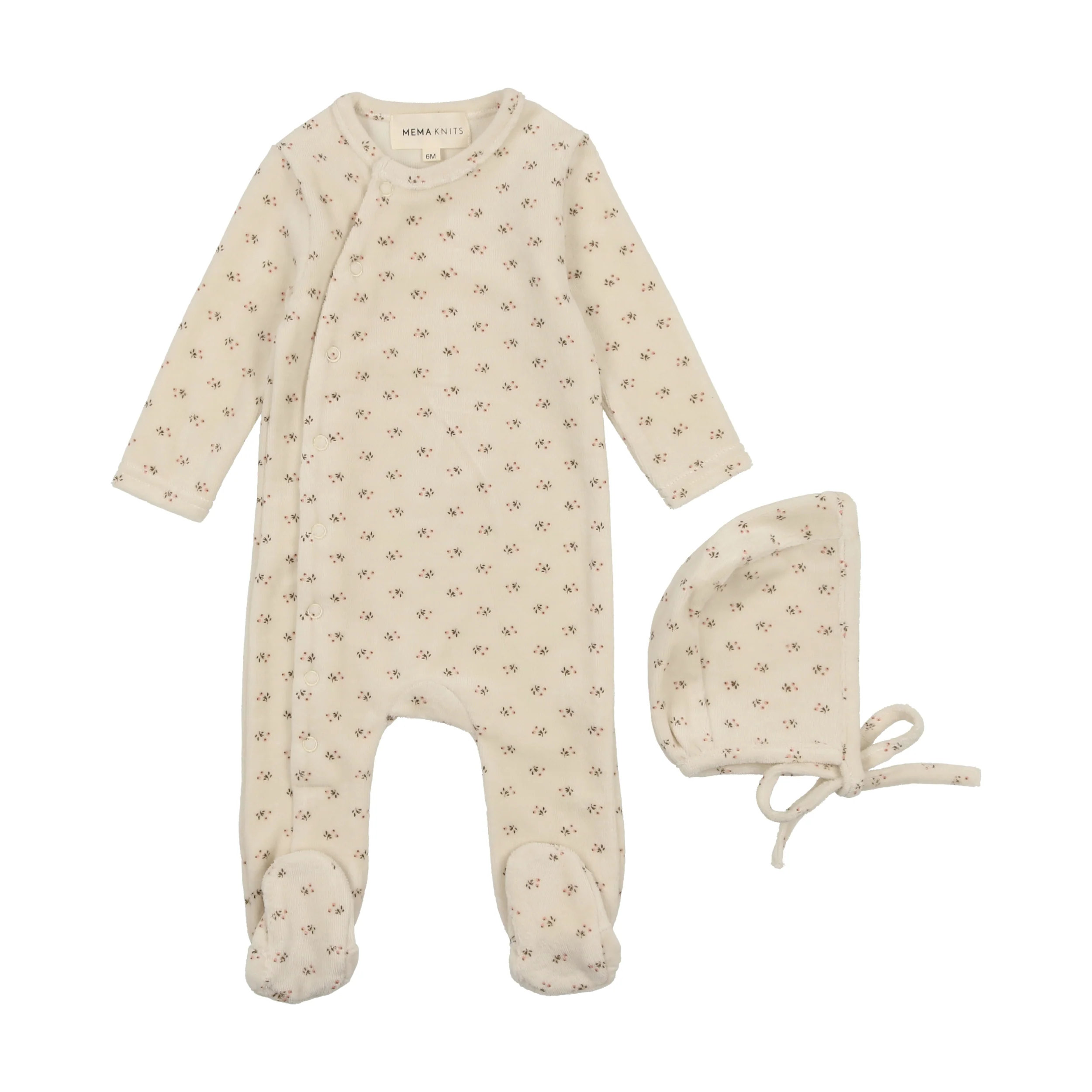 Mema Knits Floral Bud Footie + Bonnet - Printed Pink