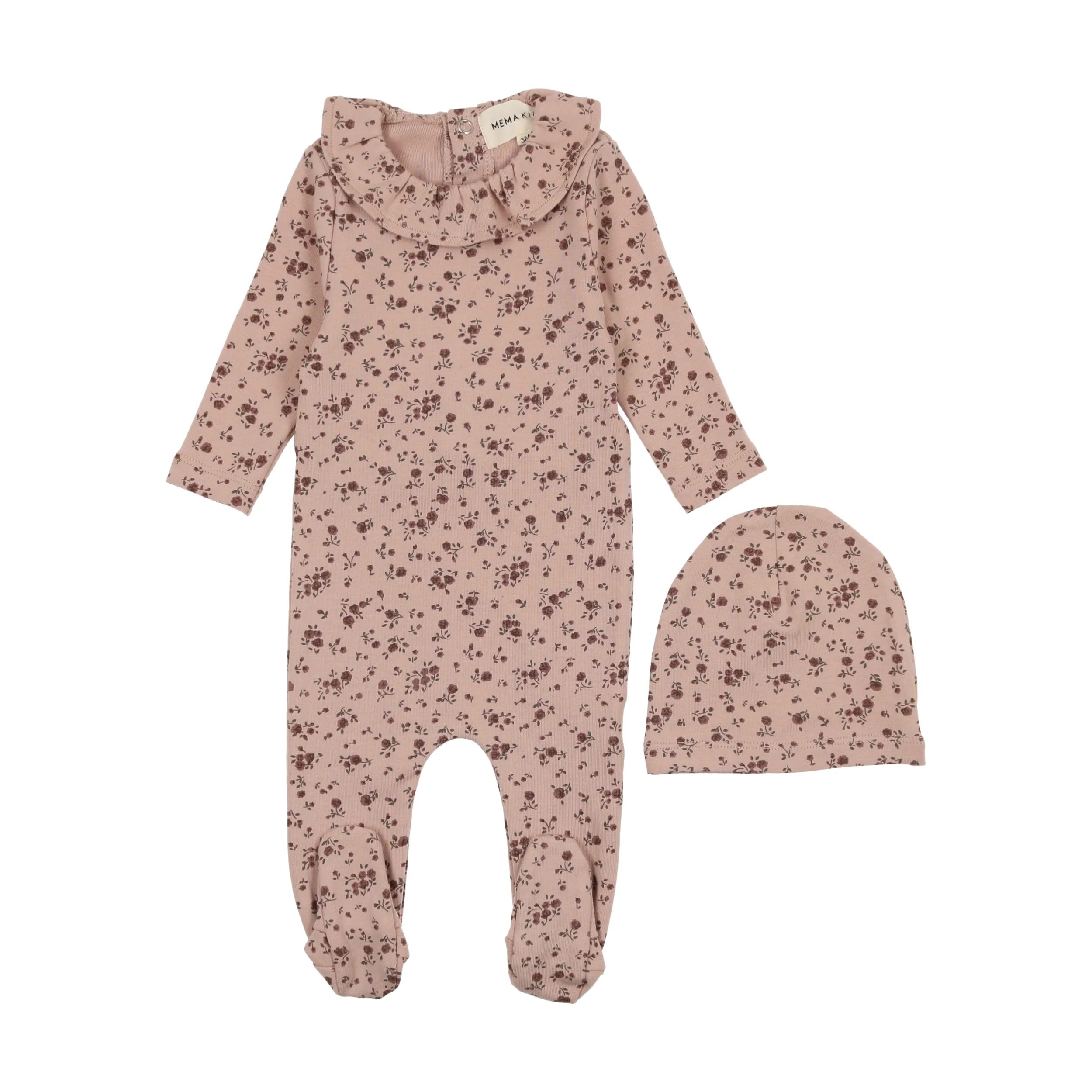 Mema Knits Floral Collared Footie + Beanie