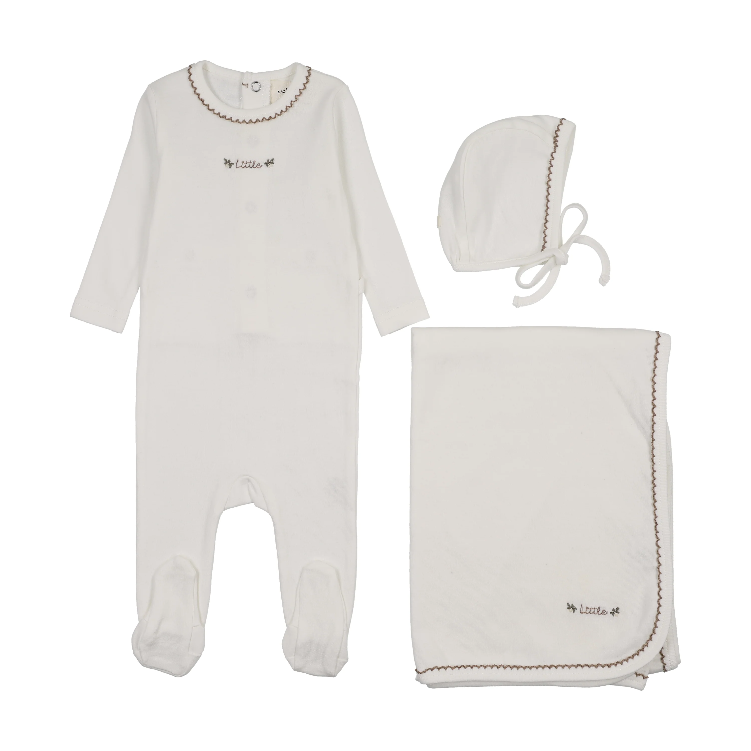 Mema Knits Floral Embroidery Layette Set - White/Taupe Embroidery