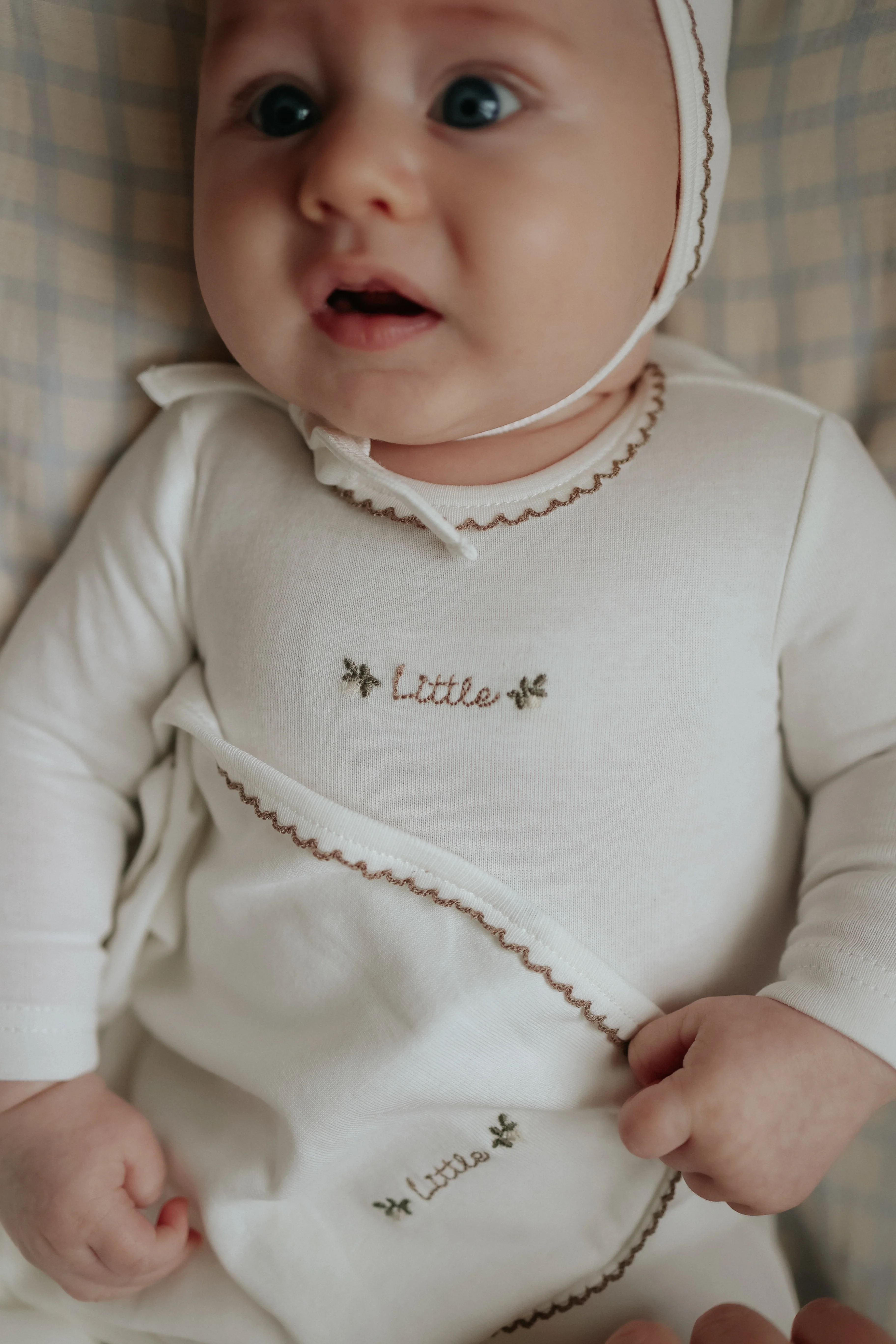 Mema Knits Floral Embroidery Layette Set - White/Taupe Embroidery - Image 2