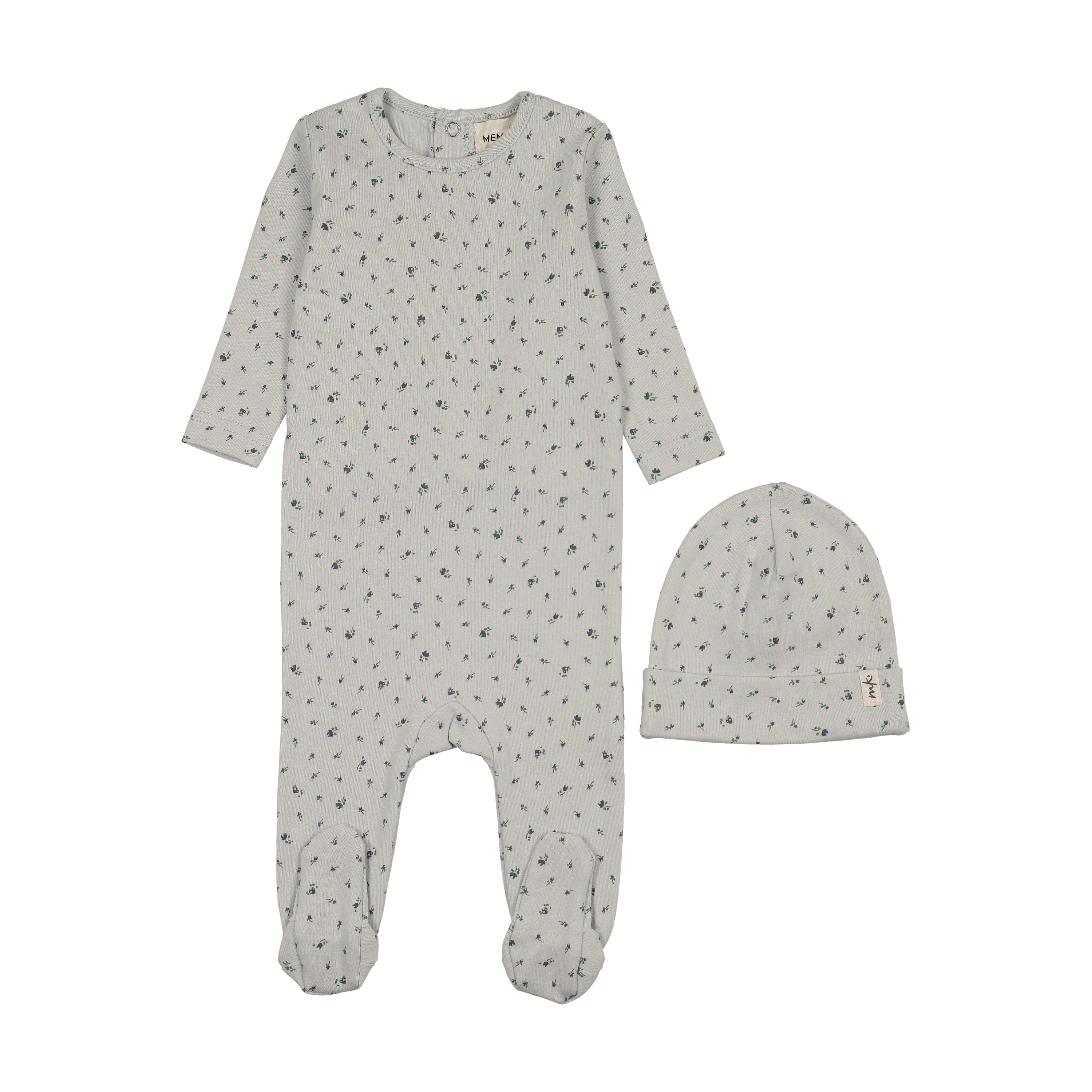 Mema Knits Floral Print Footie And Beanie - Navy Print