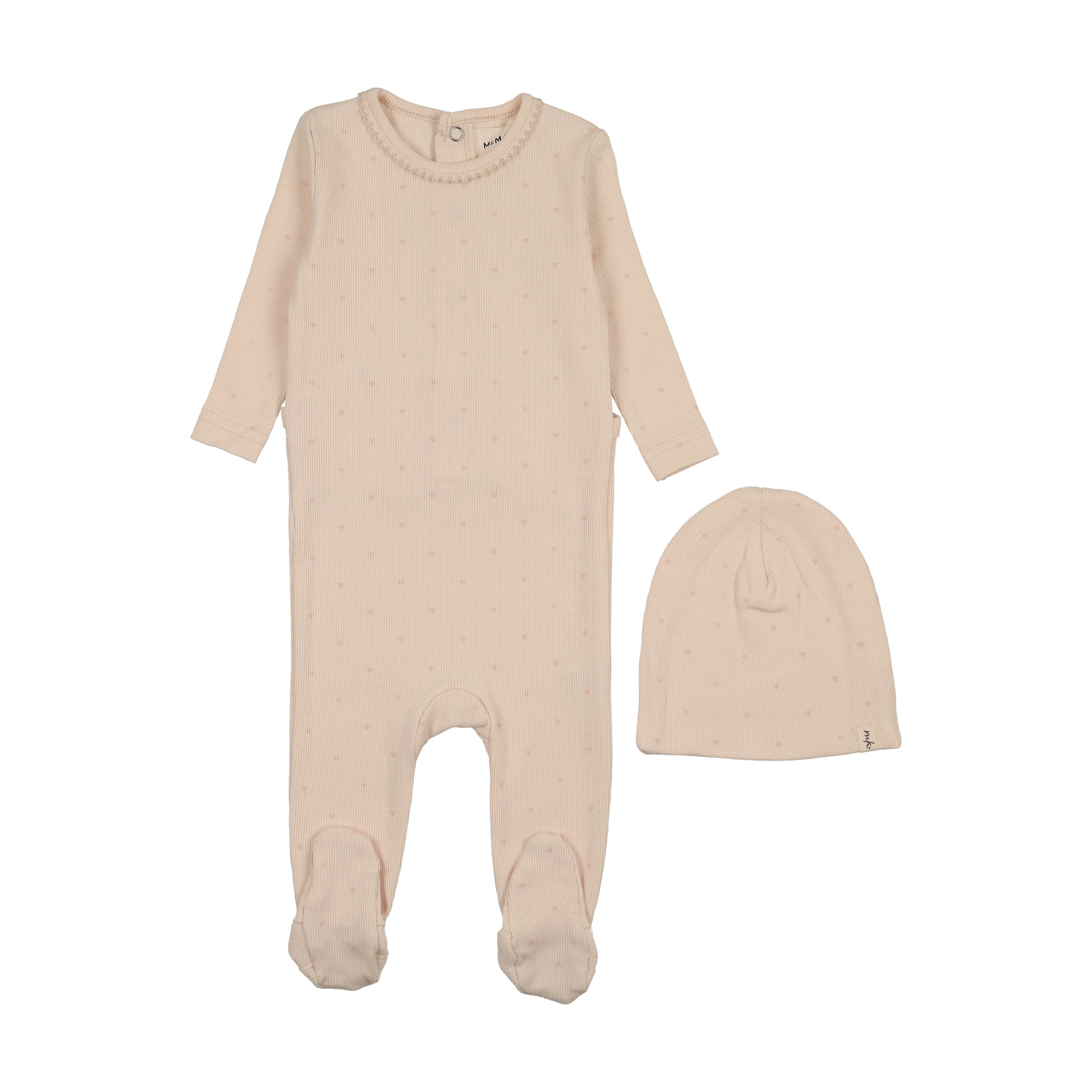 Mema Knits Heart Printed  Footie & Bonnet - Light Pink / Rose Hearts