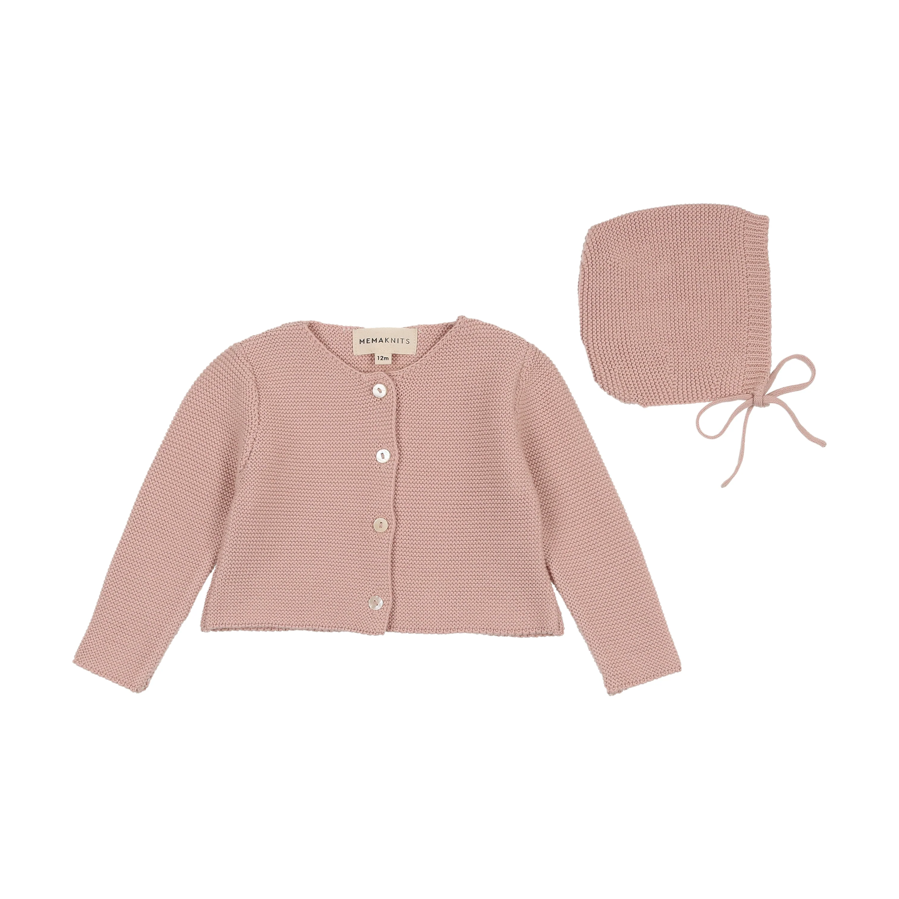 Mema Knits Knit Cardigan & Bonnet - Rose