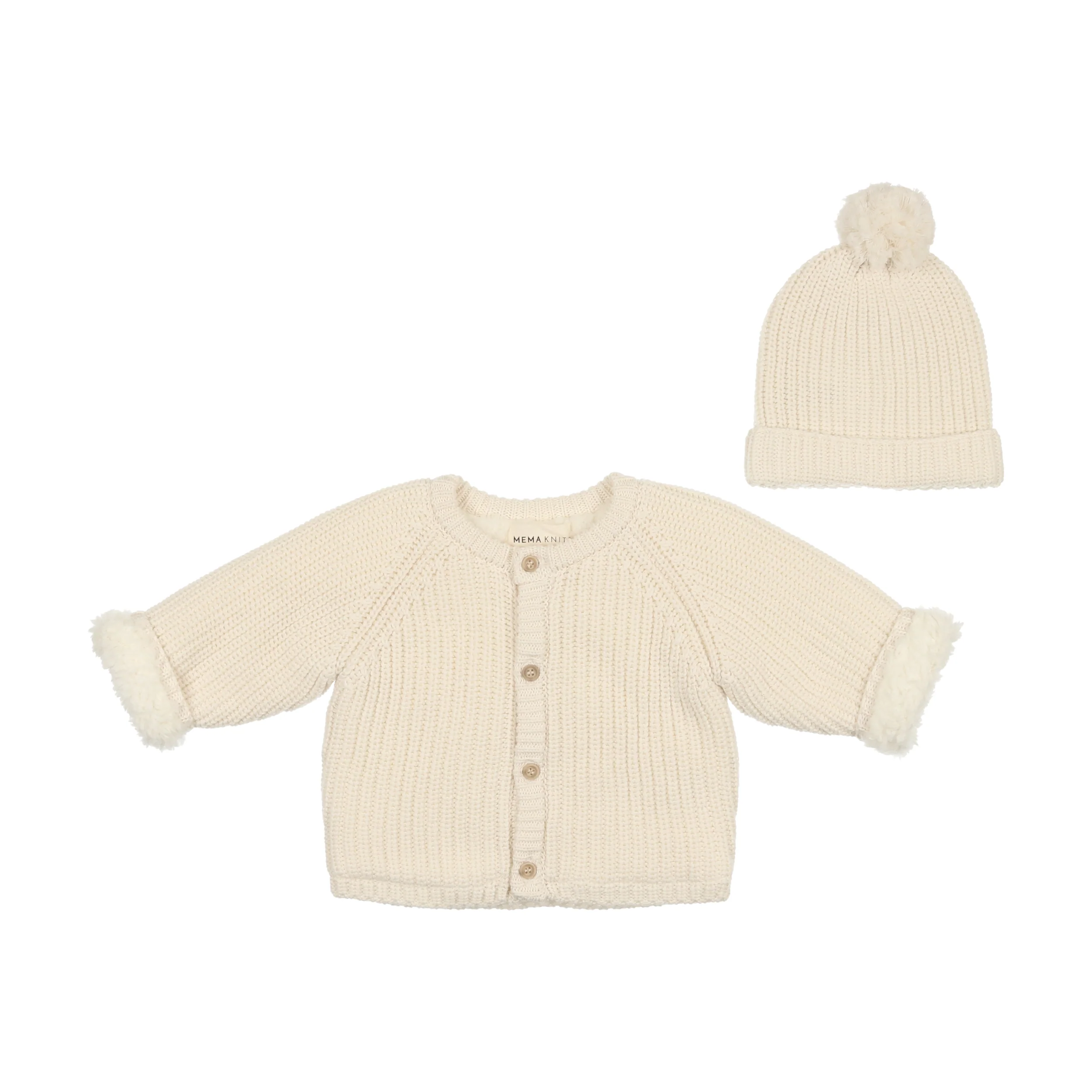 Mema Knits Knit Jacket + Pompom Hat - Cream