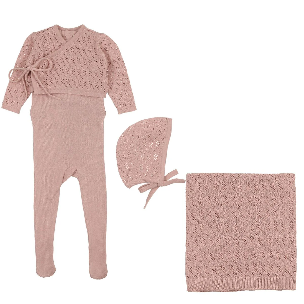 Mema Knits Knit Sleeveless Footie W/ Cardigan 3PC Set - Peach Dust