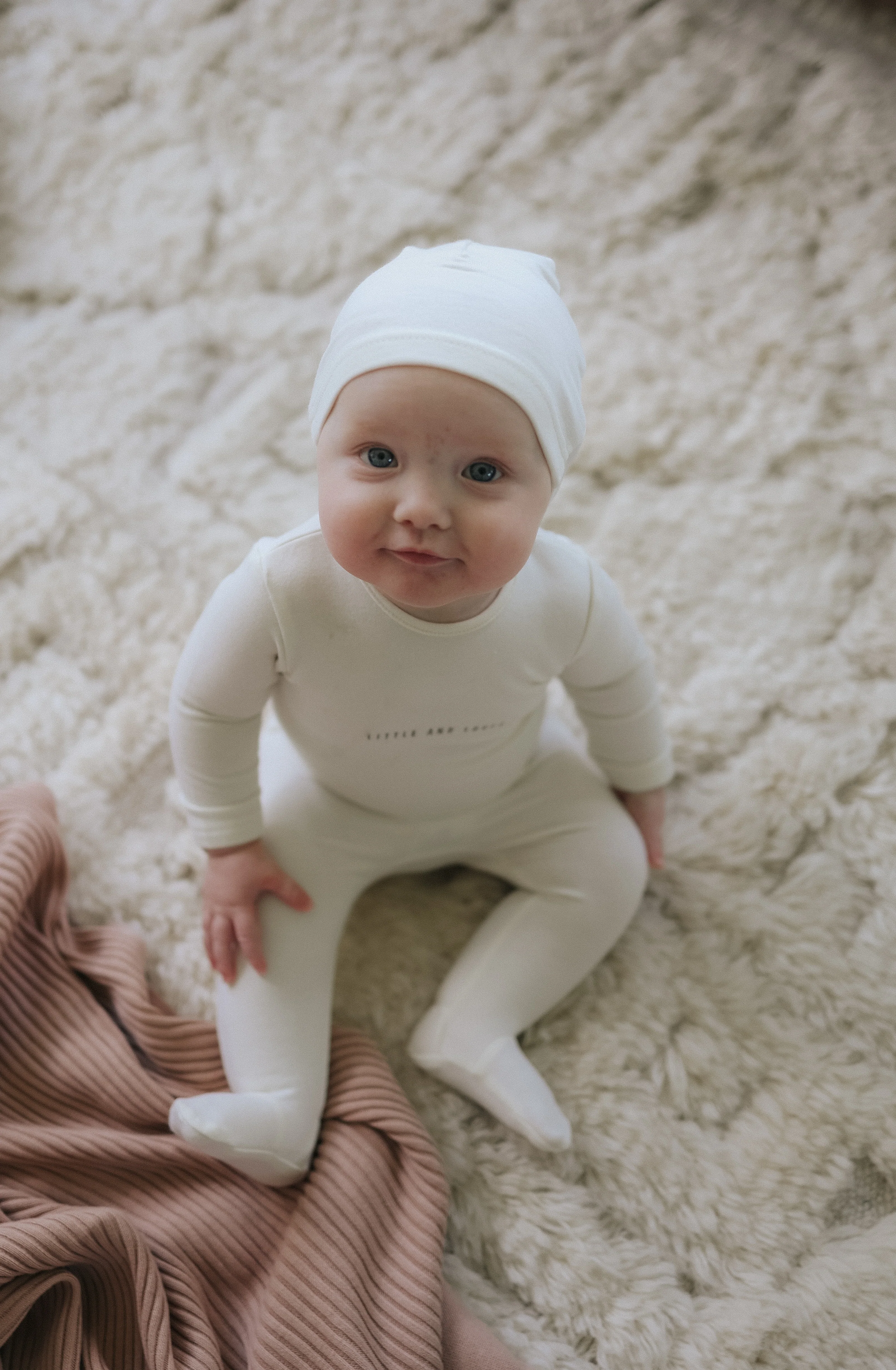 Mema Knits Little & Loved Footie + Bonnet - Cream/Mink - Image 2