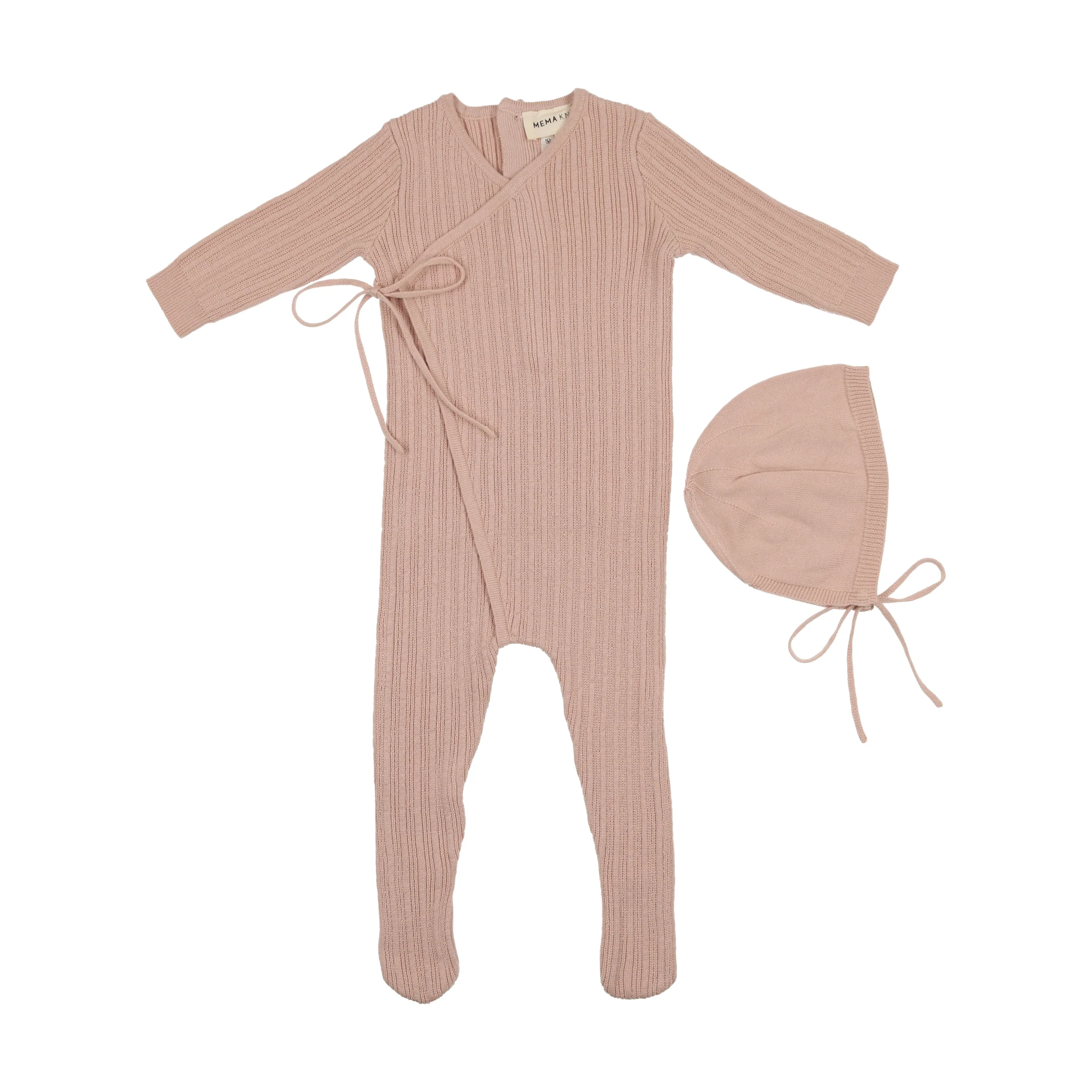 Mema Knits Mock Wrap Footie + Bonnet - Pink Tint