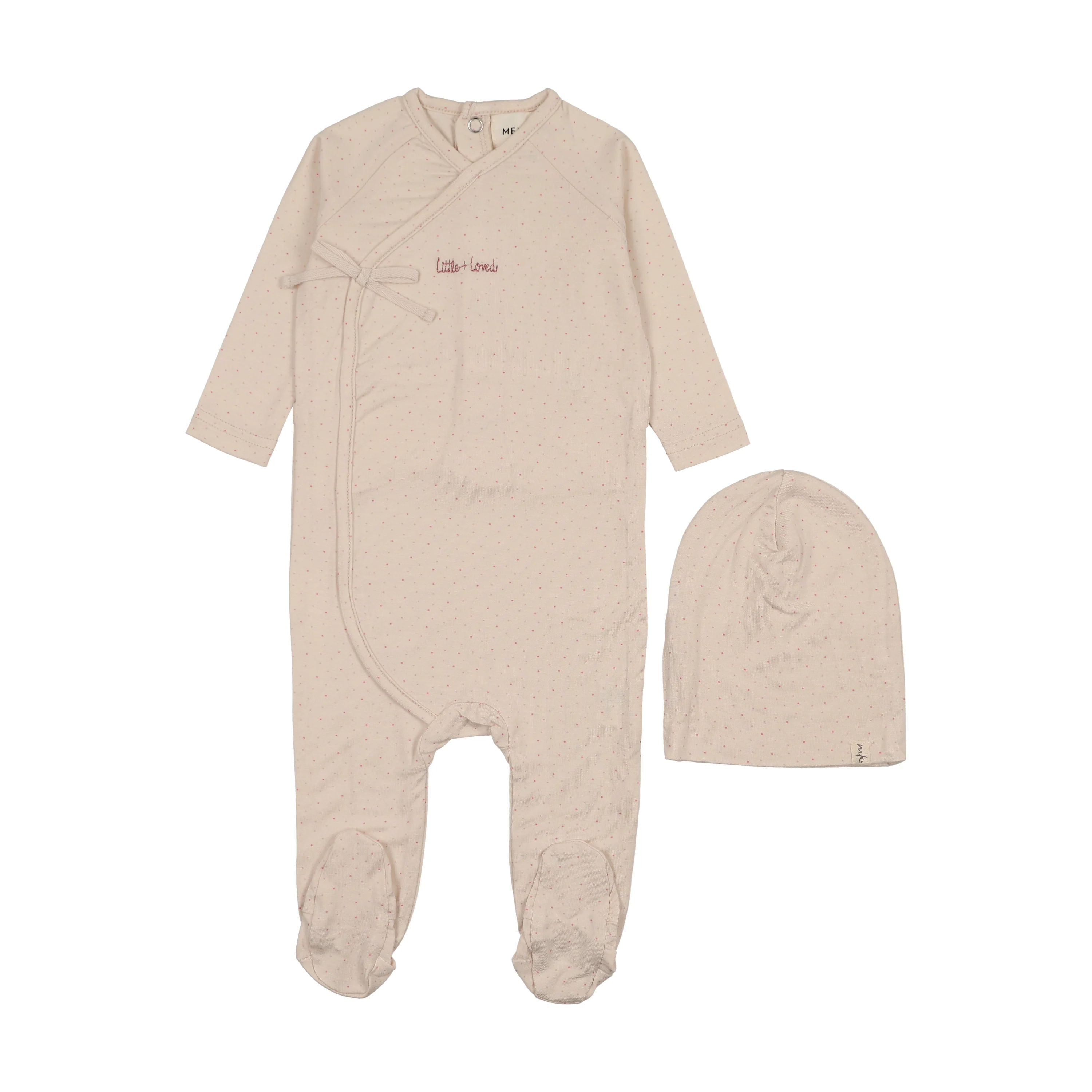 Mema Knits Mock Wrap Polka Dot Footie And Beanie - Pink