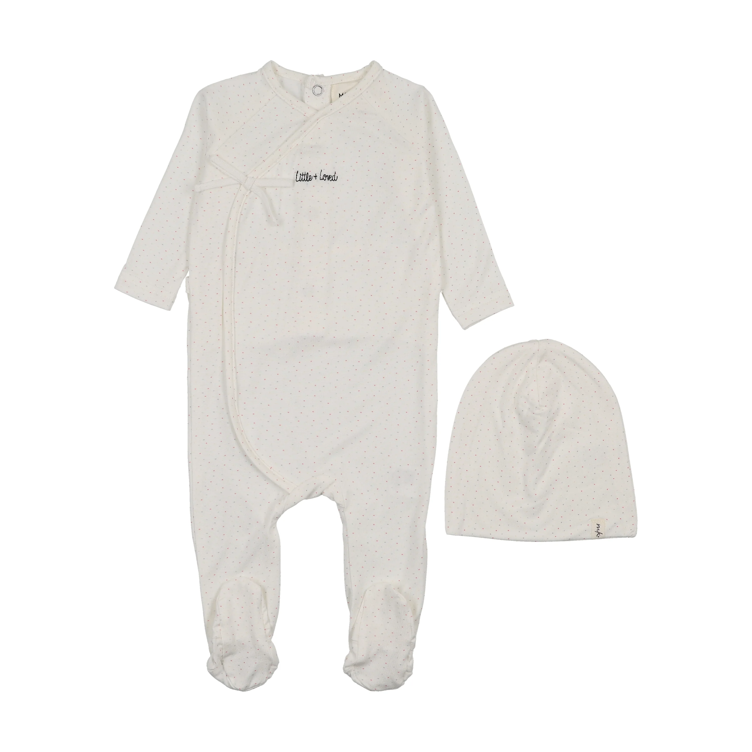 Mema Knits Mock Wrap Polka Dot Footie And Beanie - White