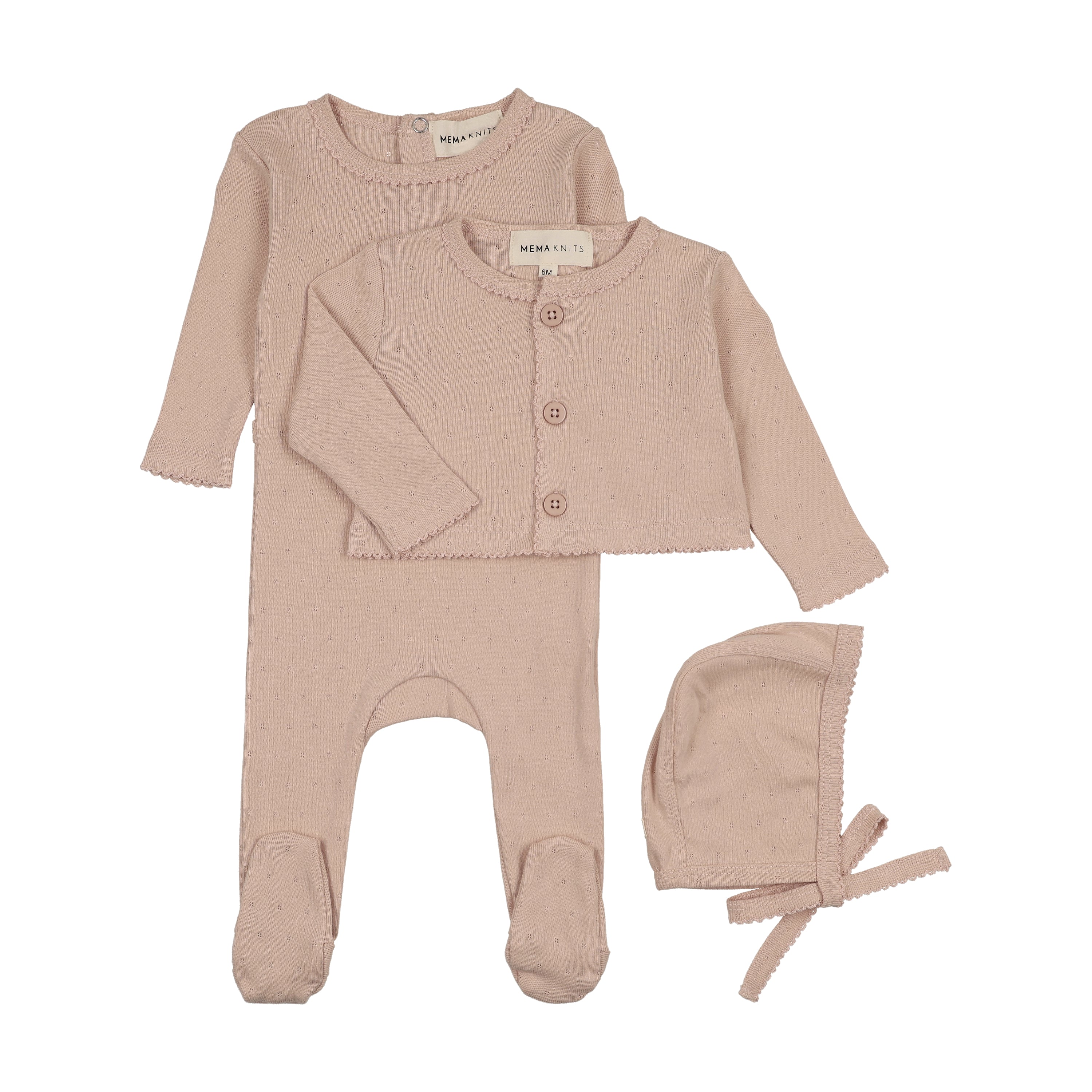 Mema Knits Pointelle Footie and Cardigan Set & Bonnet - Deep Pink