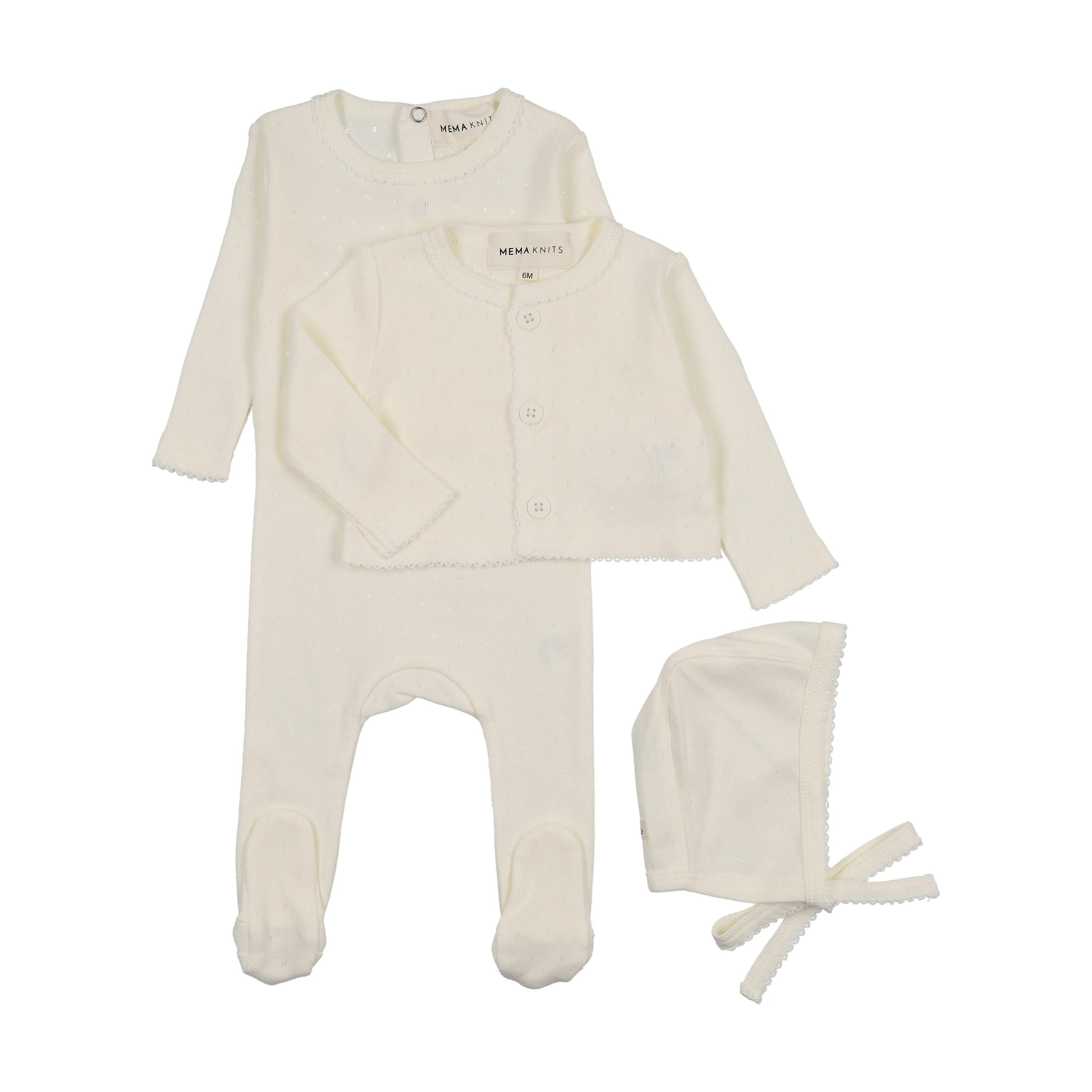 Mema Knits Pointelle Footie and Cardigan Set & Bonnet - Ivory