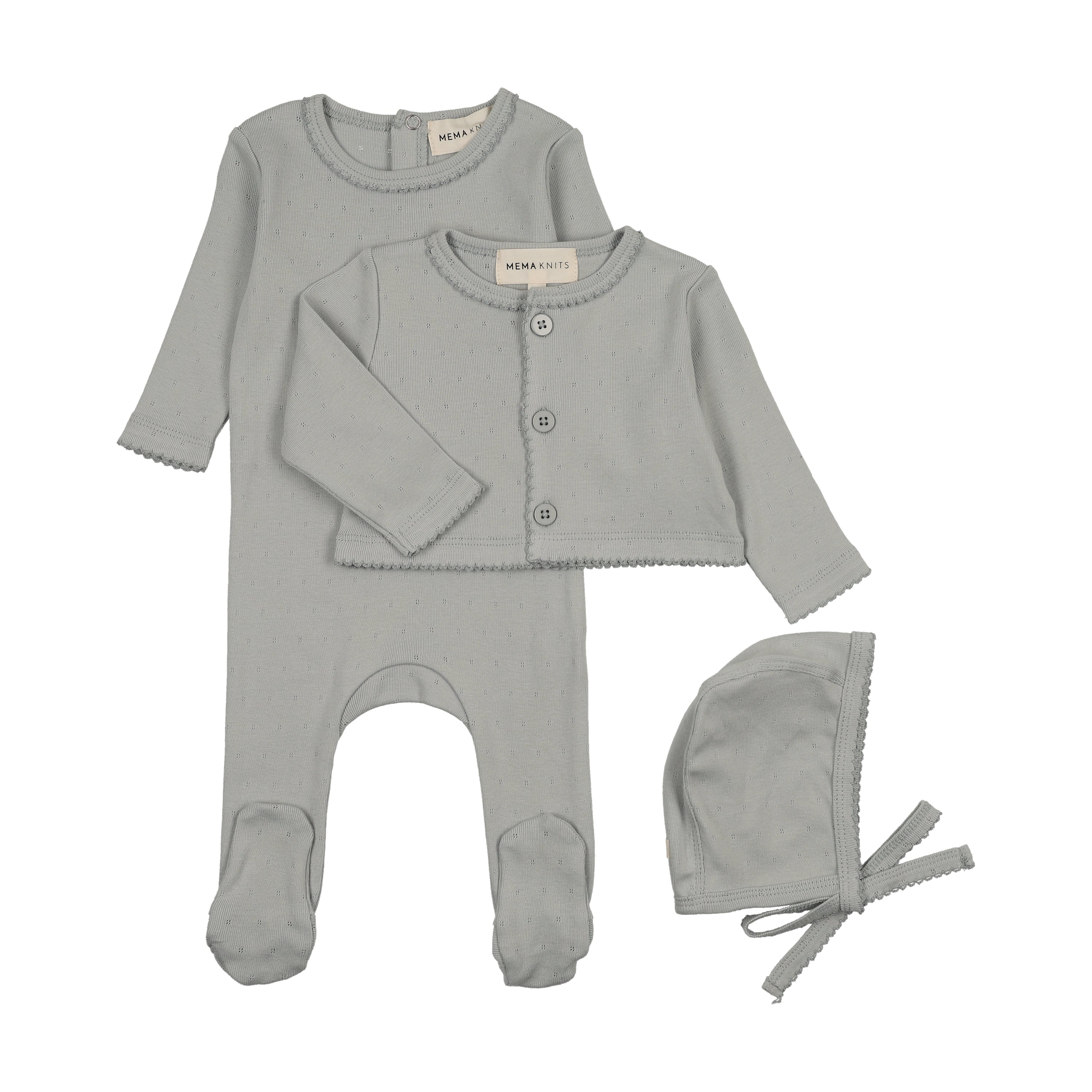 Mema Knits Pointelle Footie and Cardigan Set & Bonnet - Windy Blue
