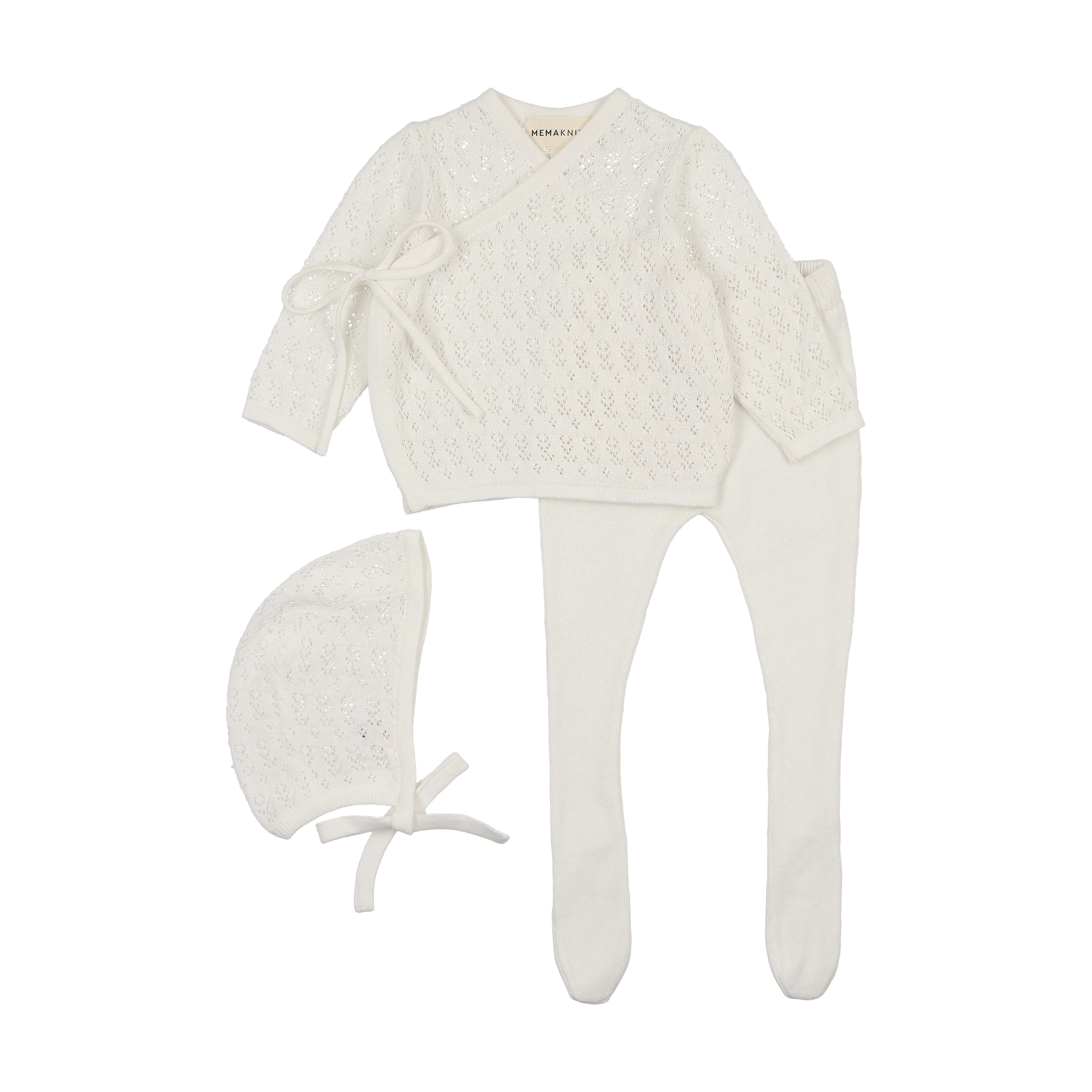 Mema Knits Pointelle Two Piece Set & Bonnet - Winter White