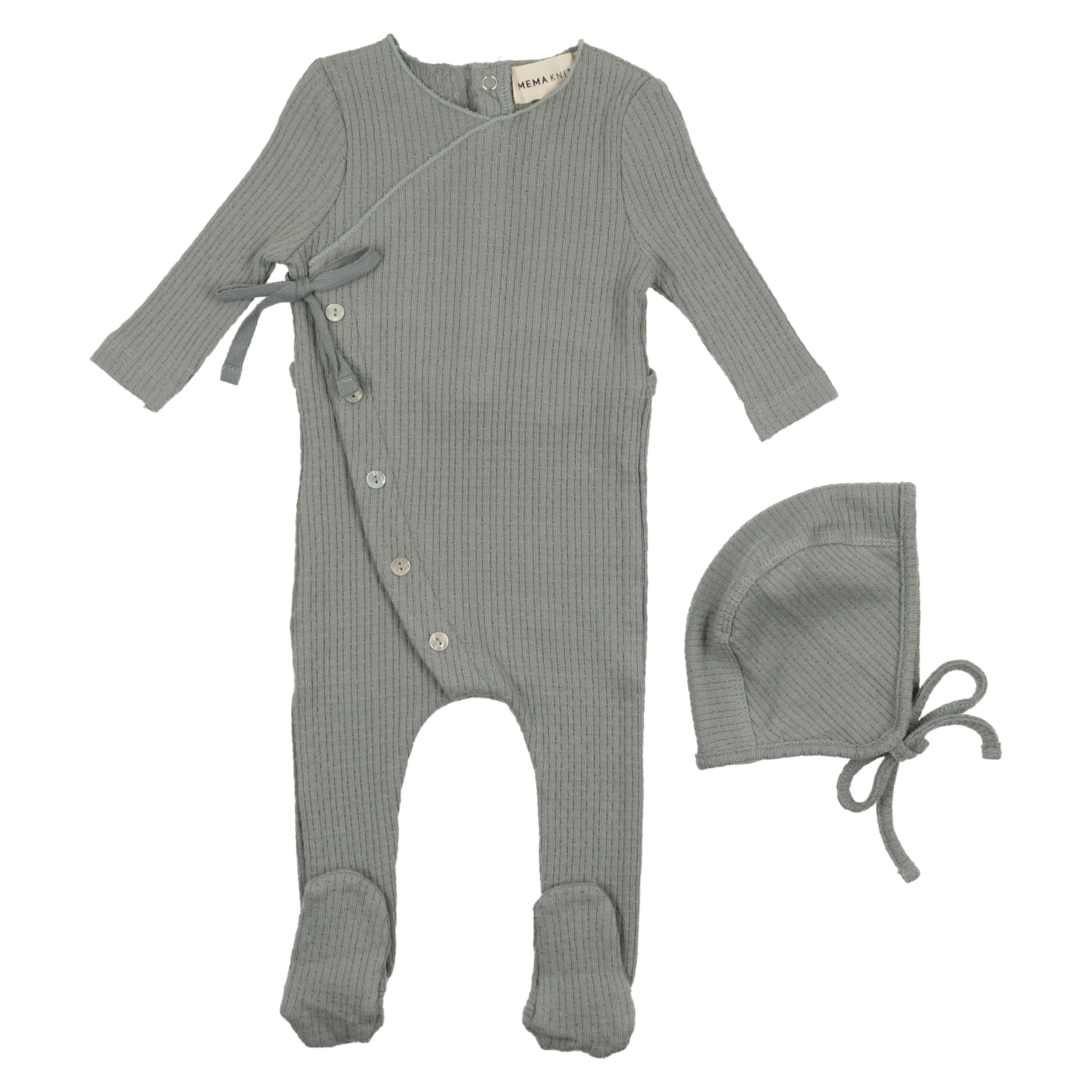 Mema Knits Powdered Blue Textured Knit Footie+ Bonnet