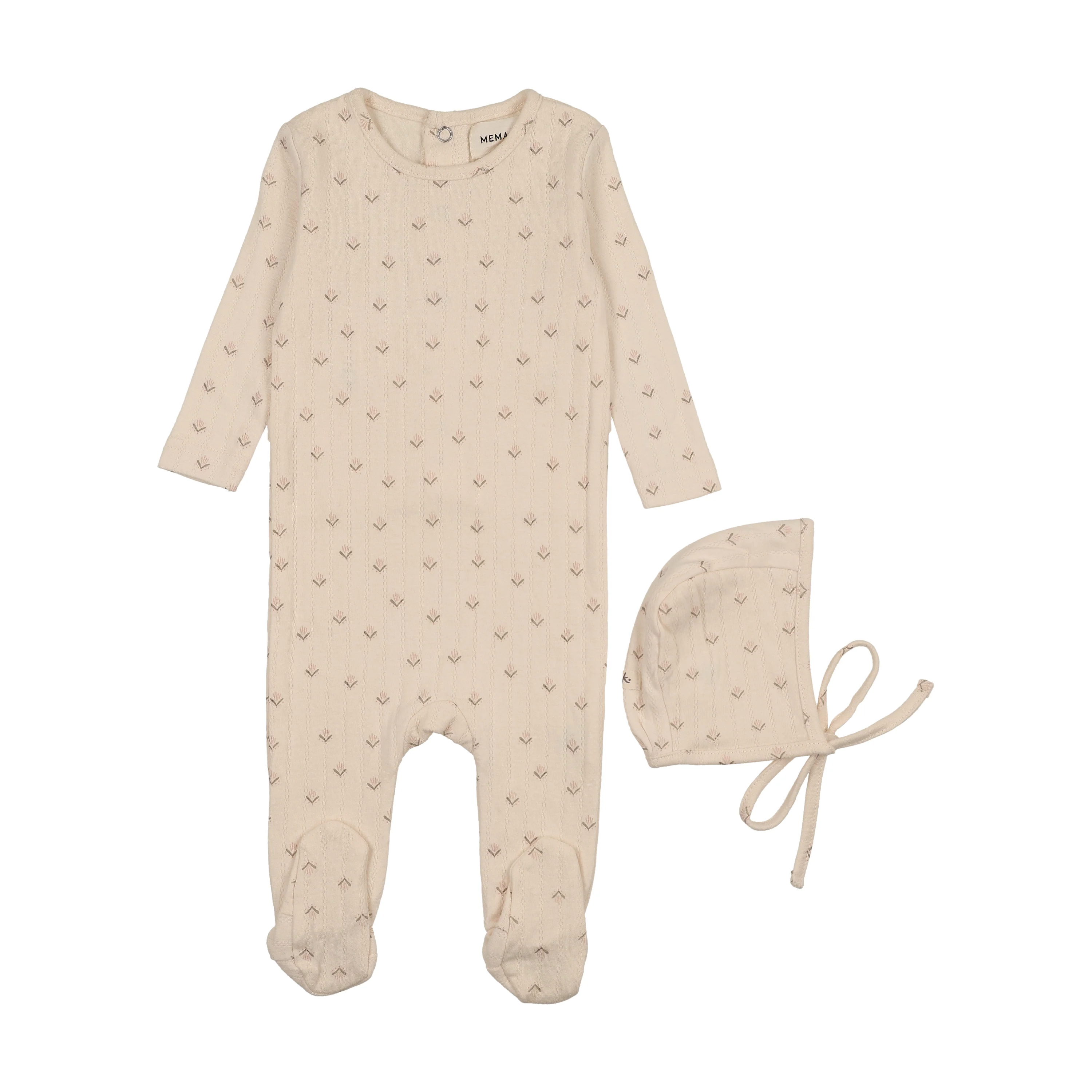Mema Knits Printed Pointelle Footie & Bonnet - Mauve Floral Print