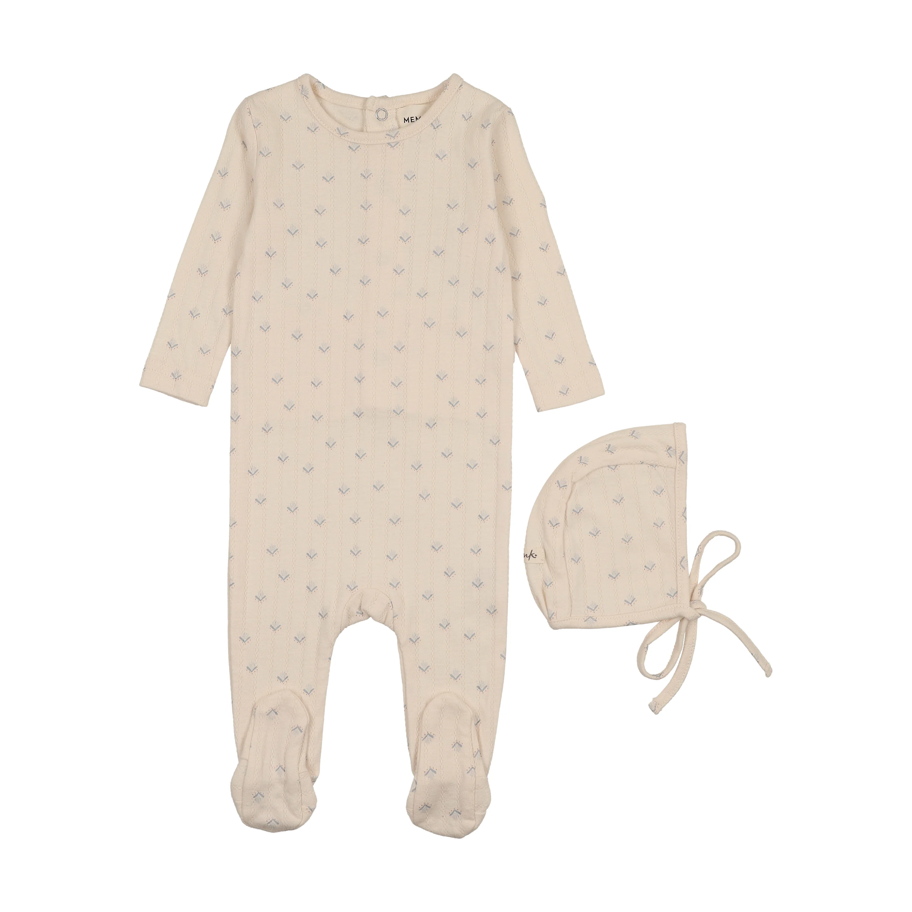 Mema Knits Printed Pointelle Footie & Bonnet - Sage Floral Print