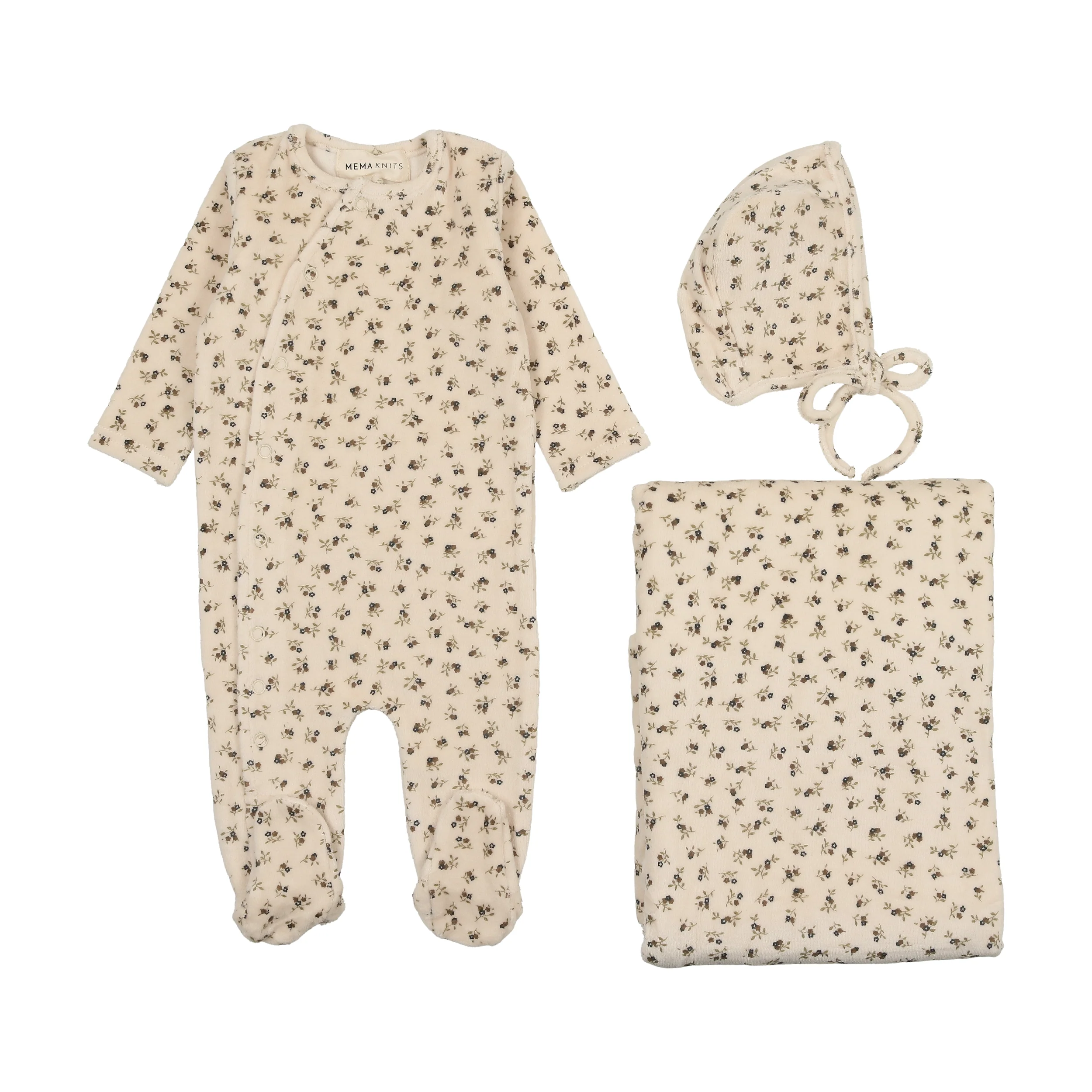 Mema Knits Printed Velour Side Snap 3PC Set - Ecru/Blue