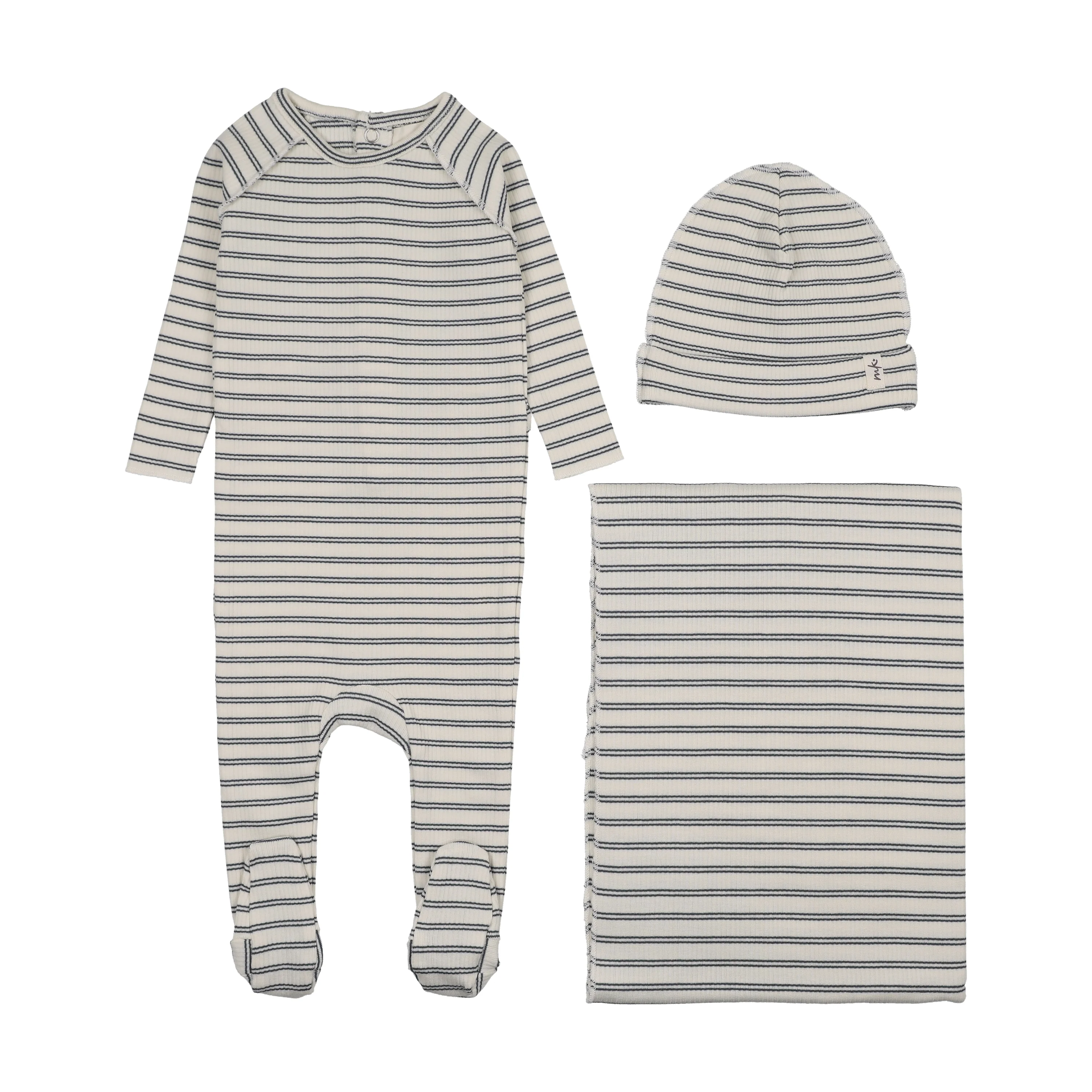 Mema Knits Rib Stripe Layette Set - Navy Blue Stripes