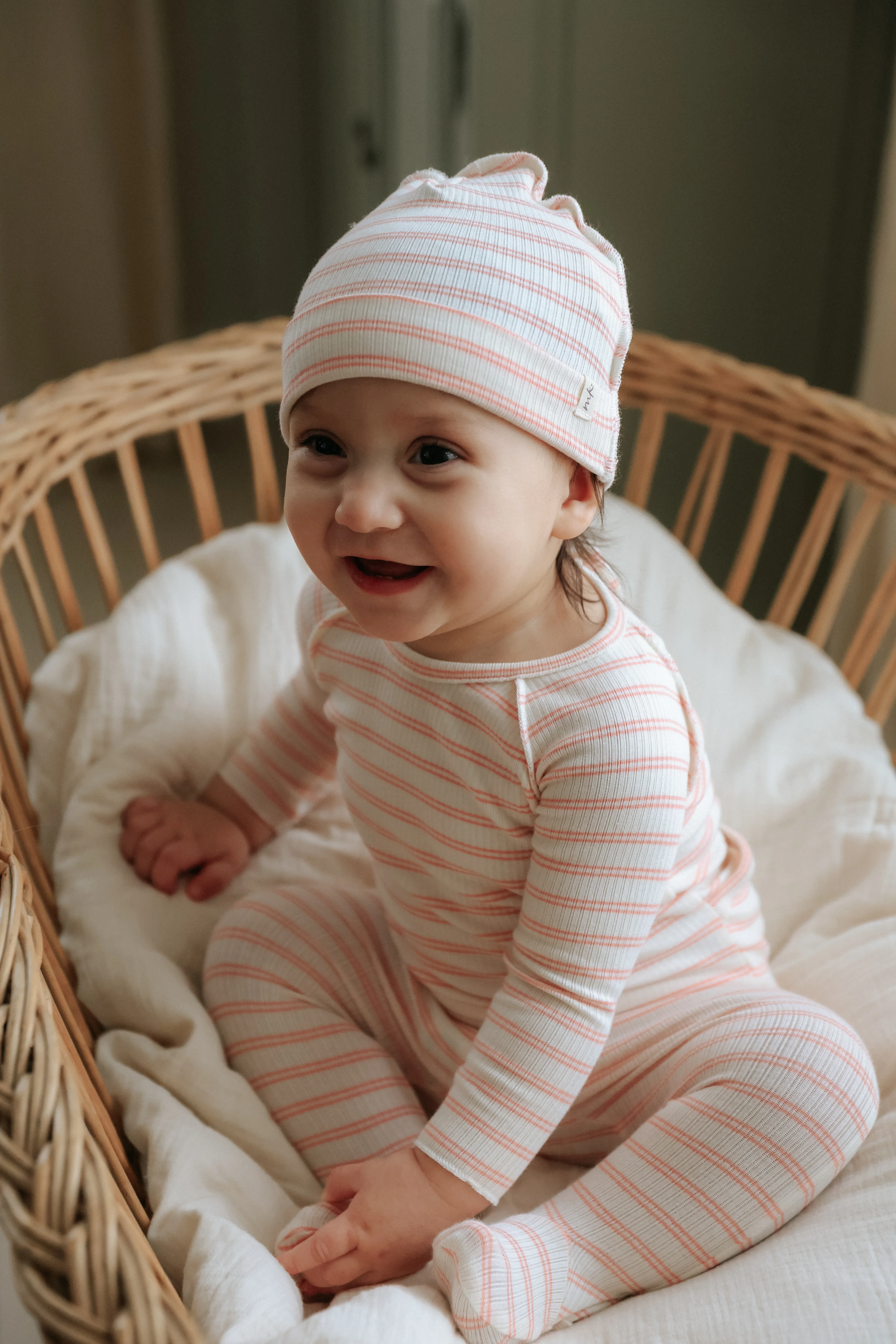 Mema Knits Rib Stripe Layette Set - Pale Pink Stripes - Image 2