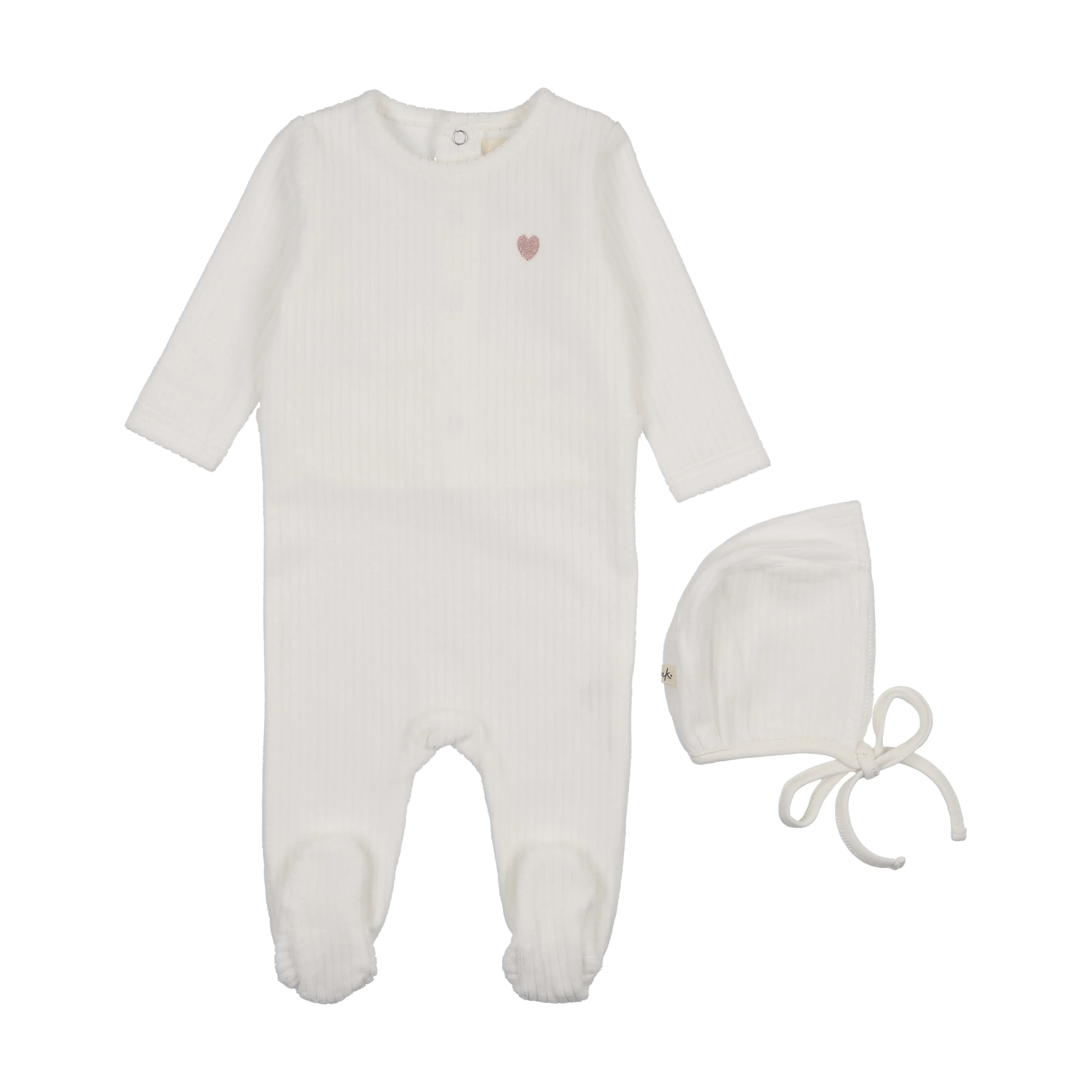 Mema Knits Ribbed Velour Embroidered Footie & Bonnet - Winter White/ Rose Heart