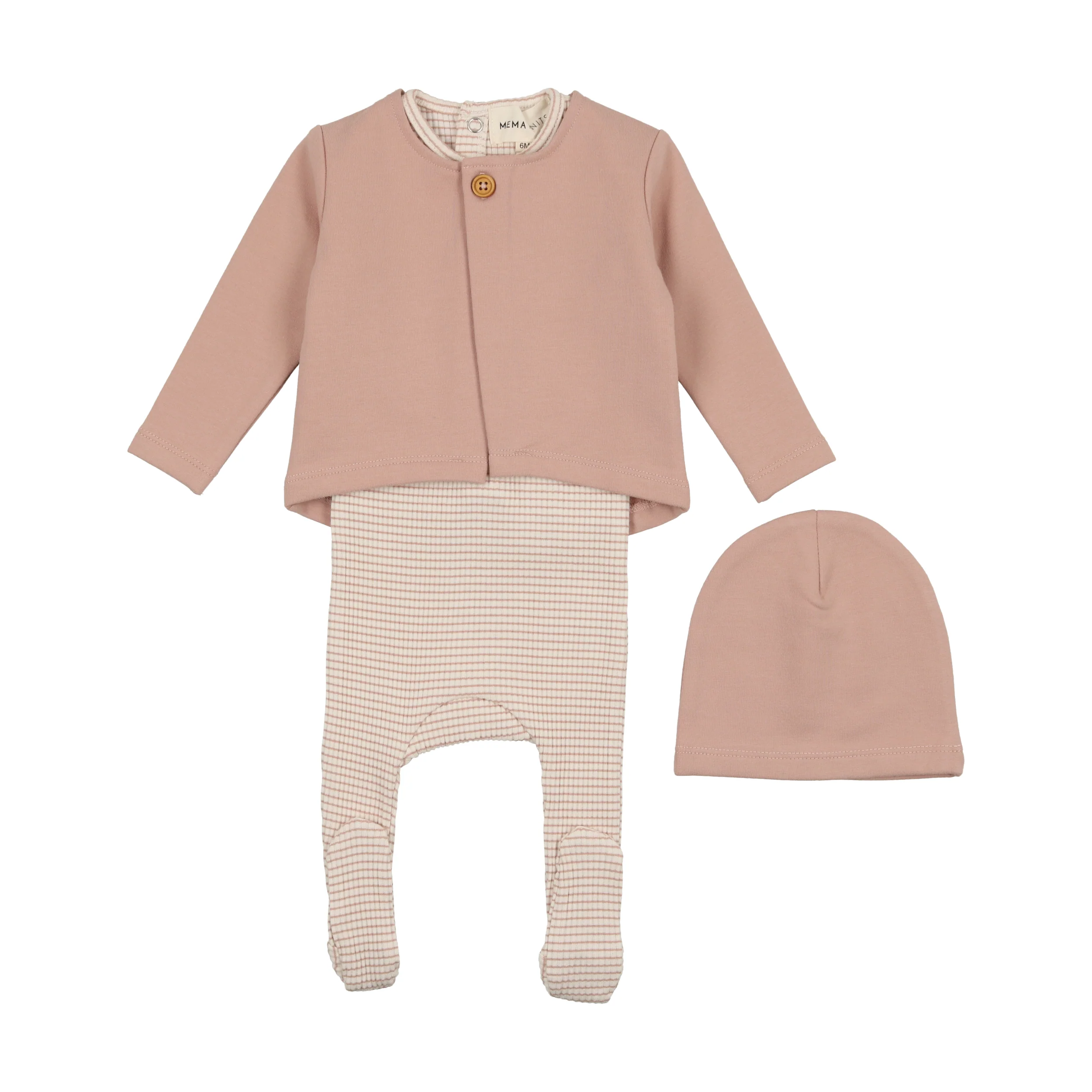 Mema Knits Striped Fooite W French Terry Cardigan + Beanie - Pink