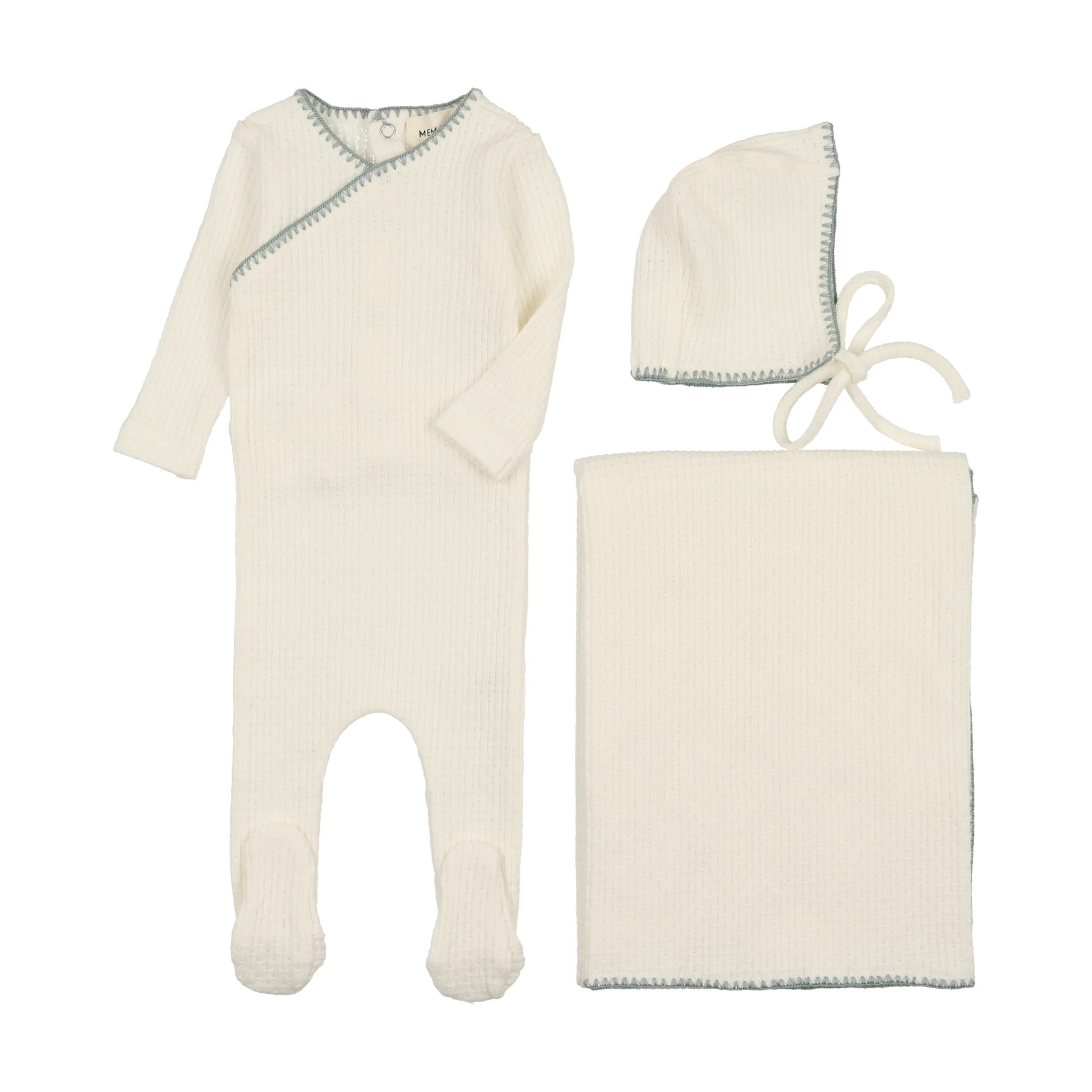 Mema Knits  Textured Embroidery Edge 3PC Set - Cream & Powder Blue Stitch