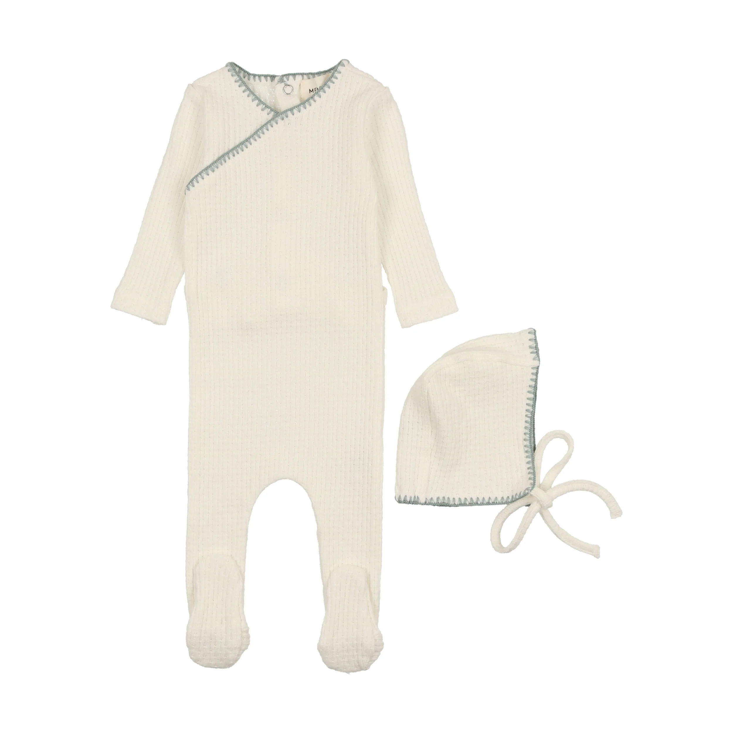 Mema Knits Textured Embroidery Edge Footie + Beanie - Cream & Powder Blue Stitch