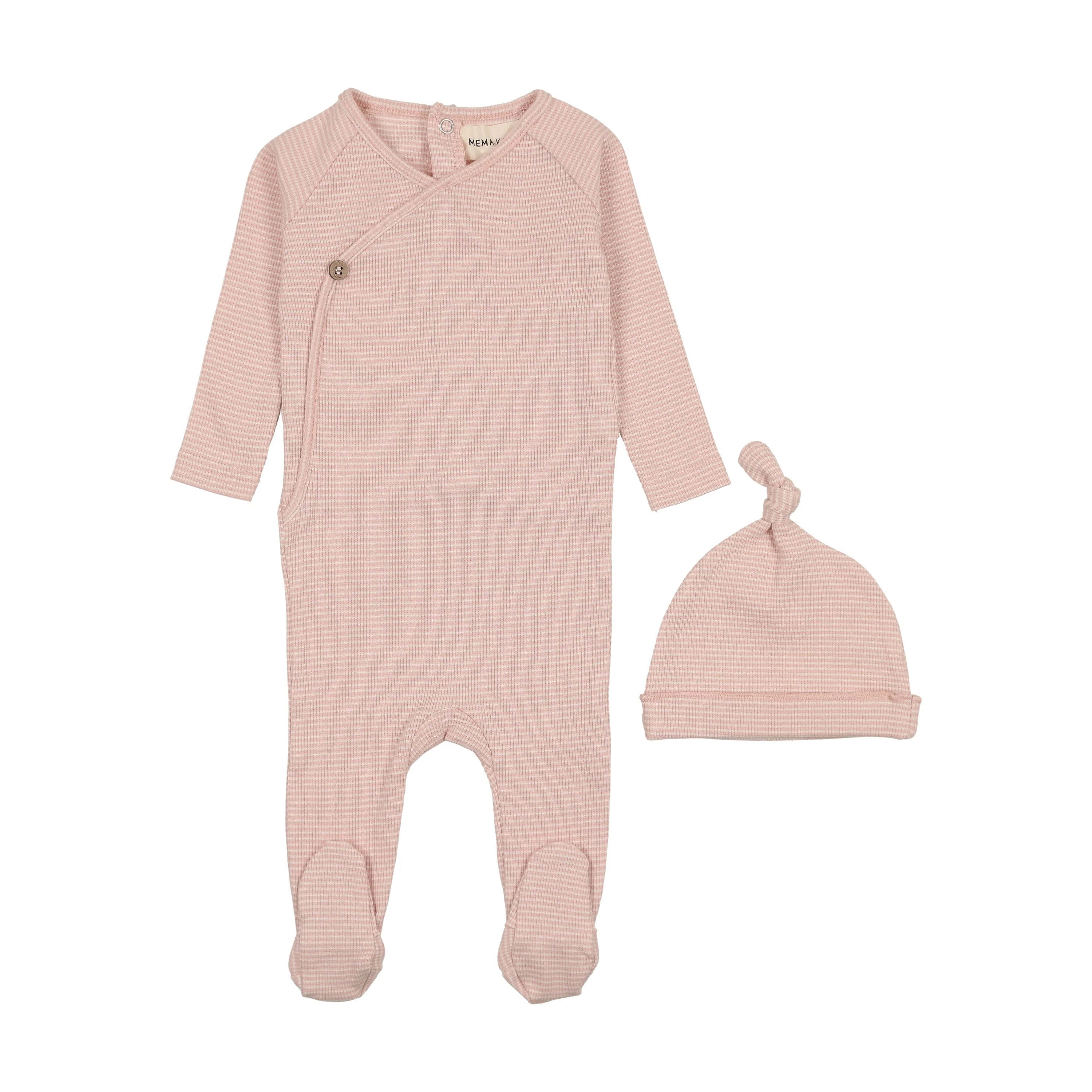 Mema Knits The Striped Footie & Beanie - Marshmallow/Rose