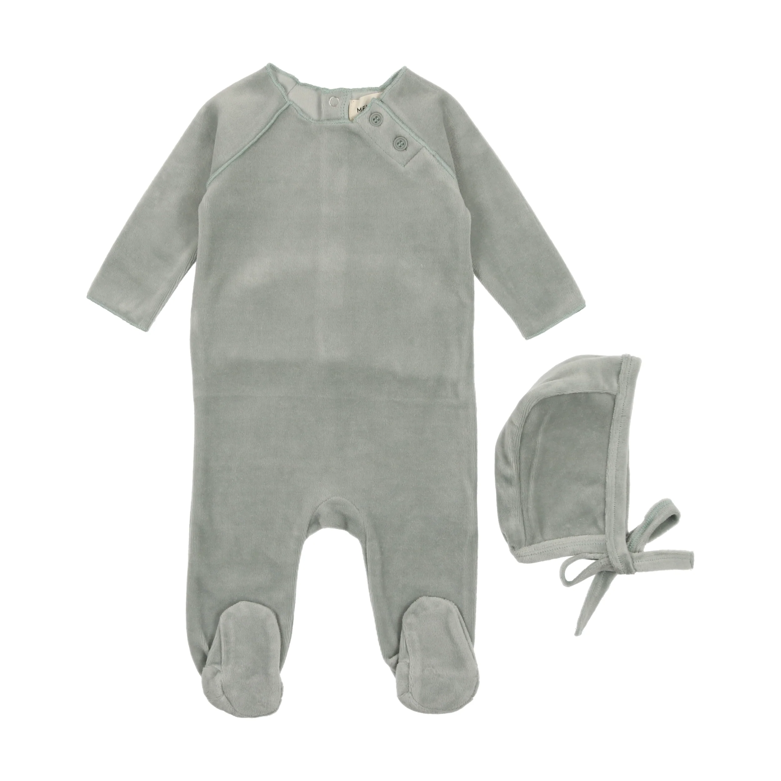 Mema Knits Velour Button Footie + Bonnet - Powder Blue