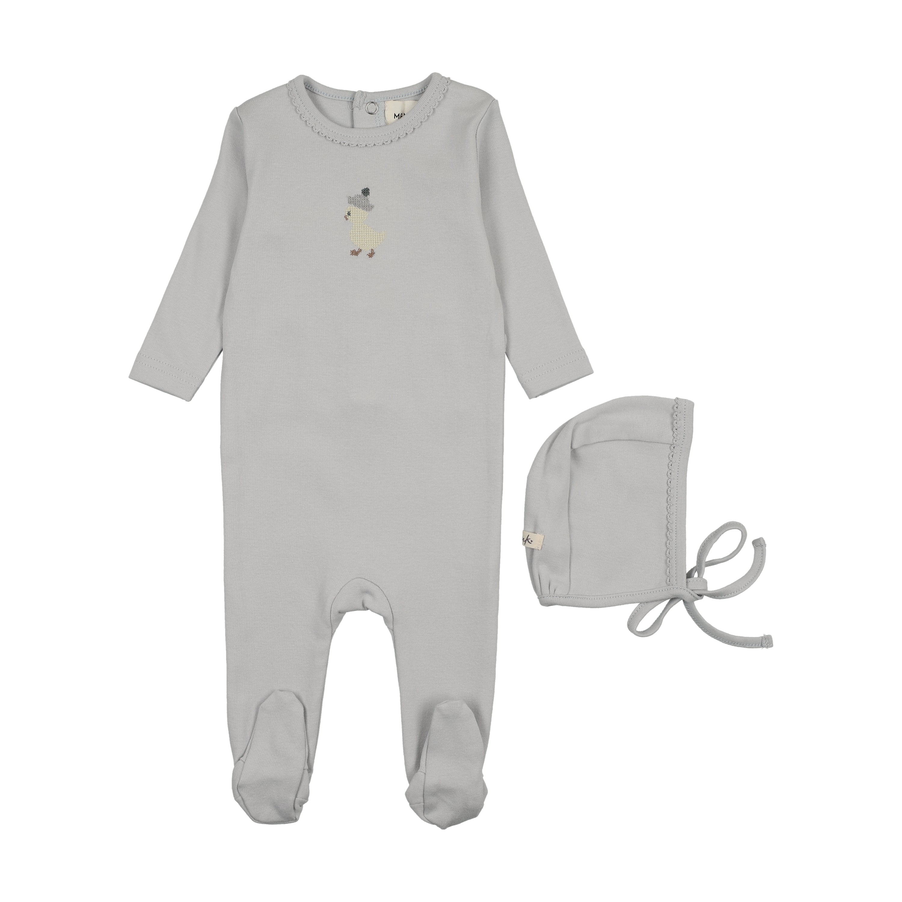 Mema Knits Yellow Duck Embroidered Footie And Bonnet - Gray Dawn