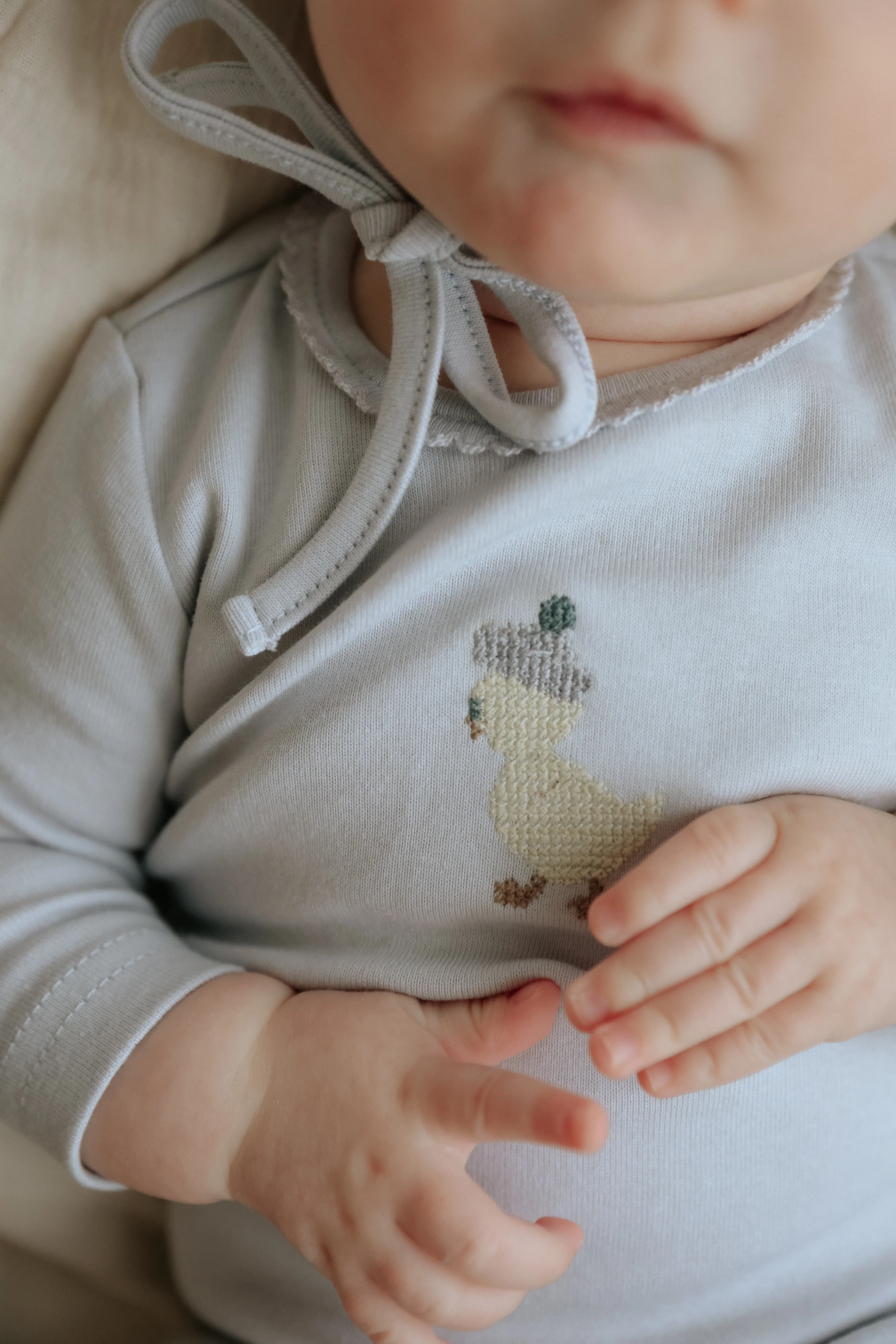 Mema Knits Yellow Duck Embroidered Footie - Gray Dawn - Image 3