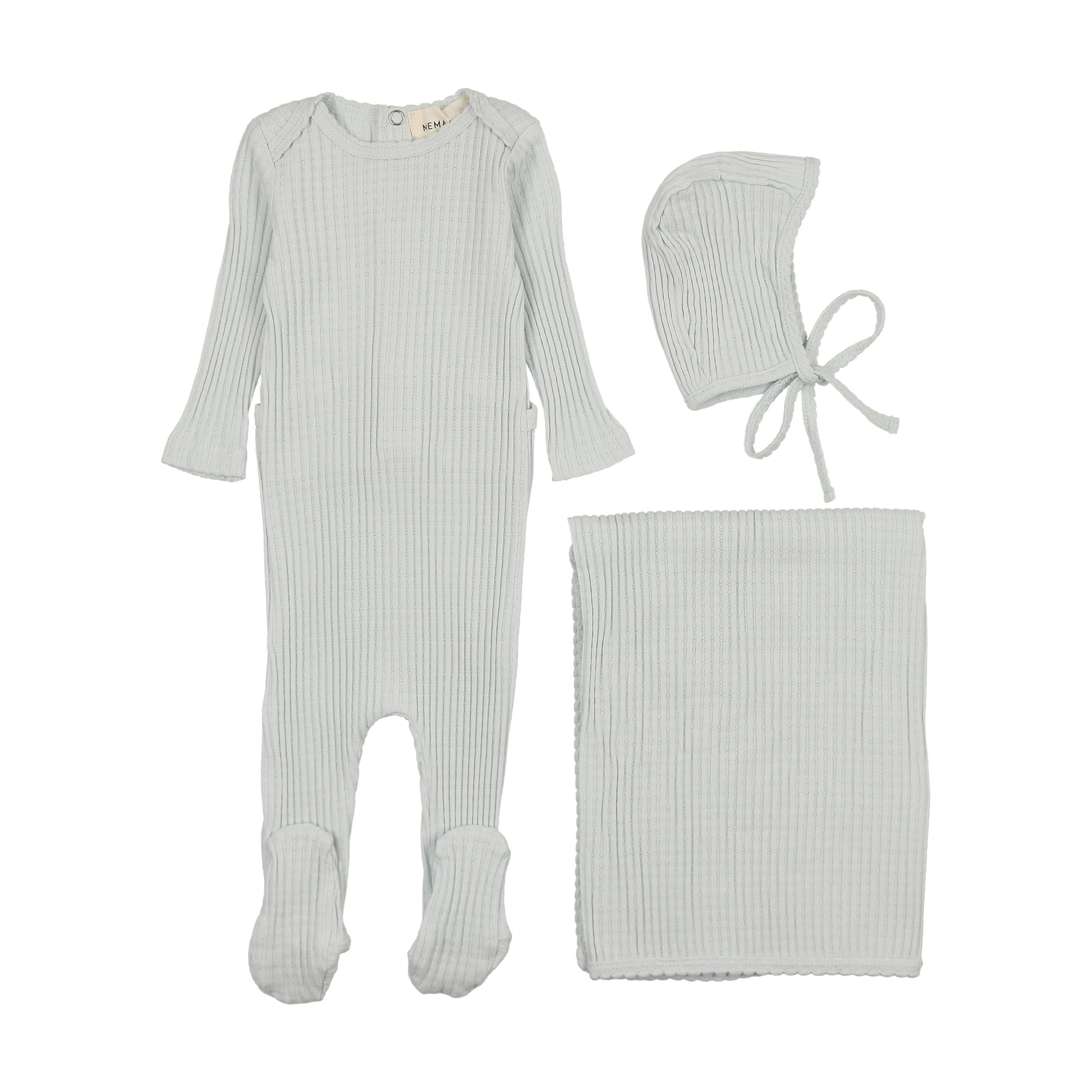 Mema Picot Edge Textured 3PC Layette Set - Blue