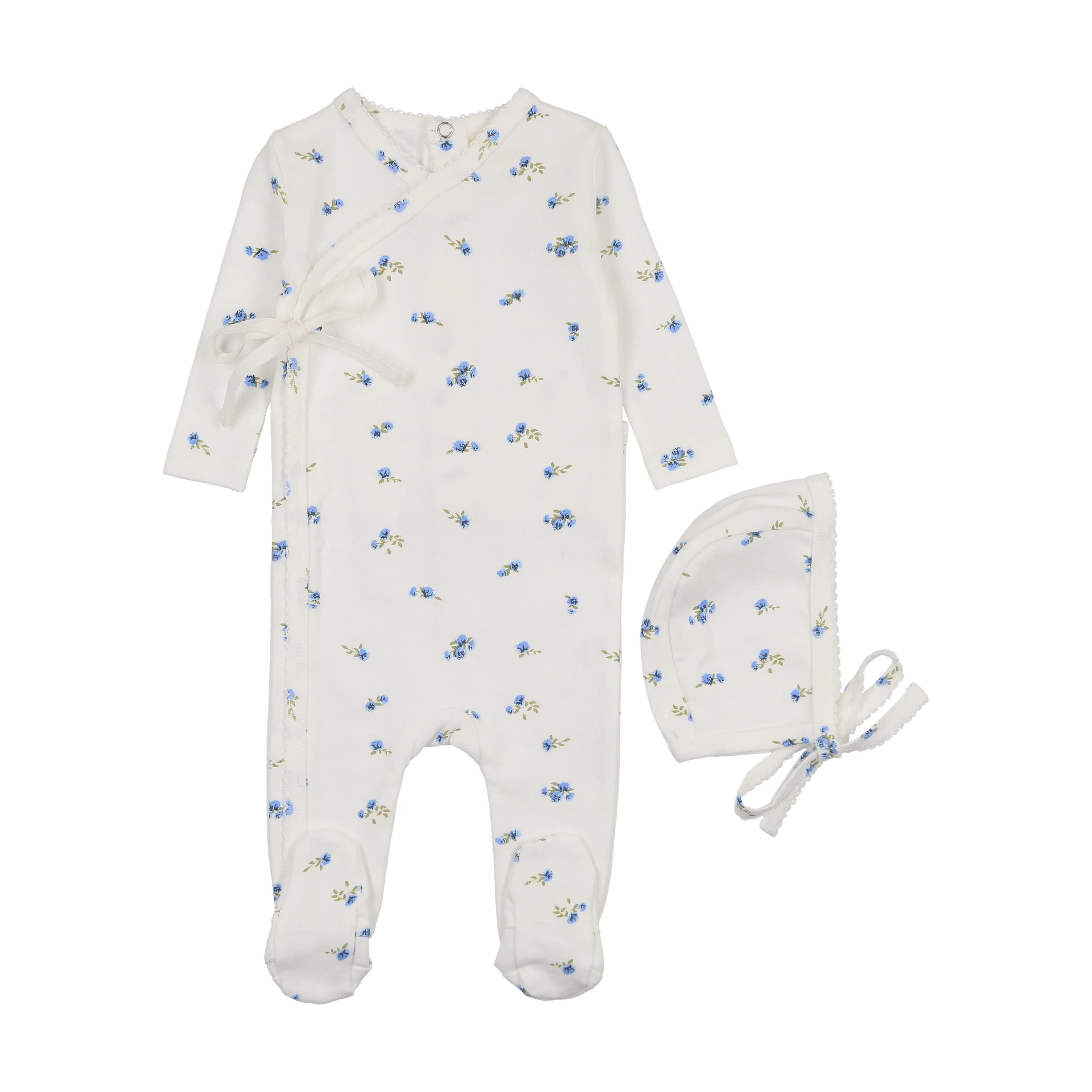 Mema Pointelle Floral Side Snap Footie & Bonnet - Floral Blue