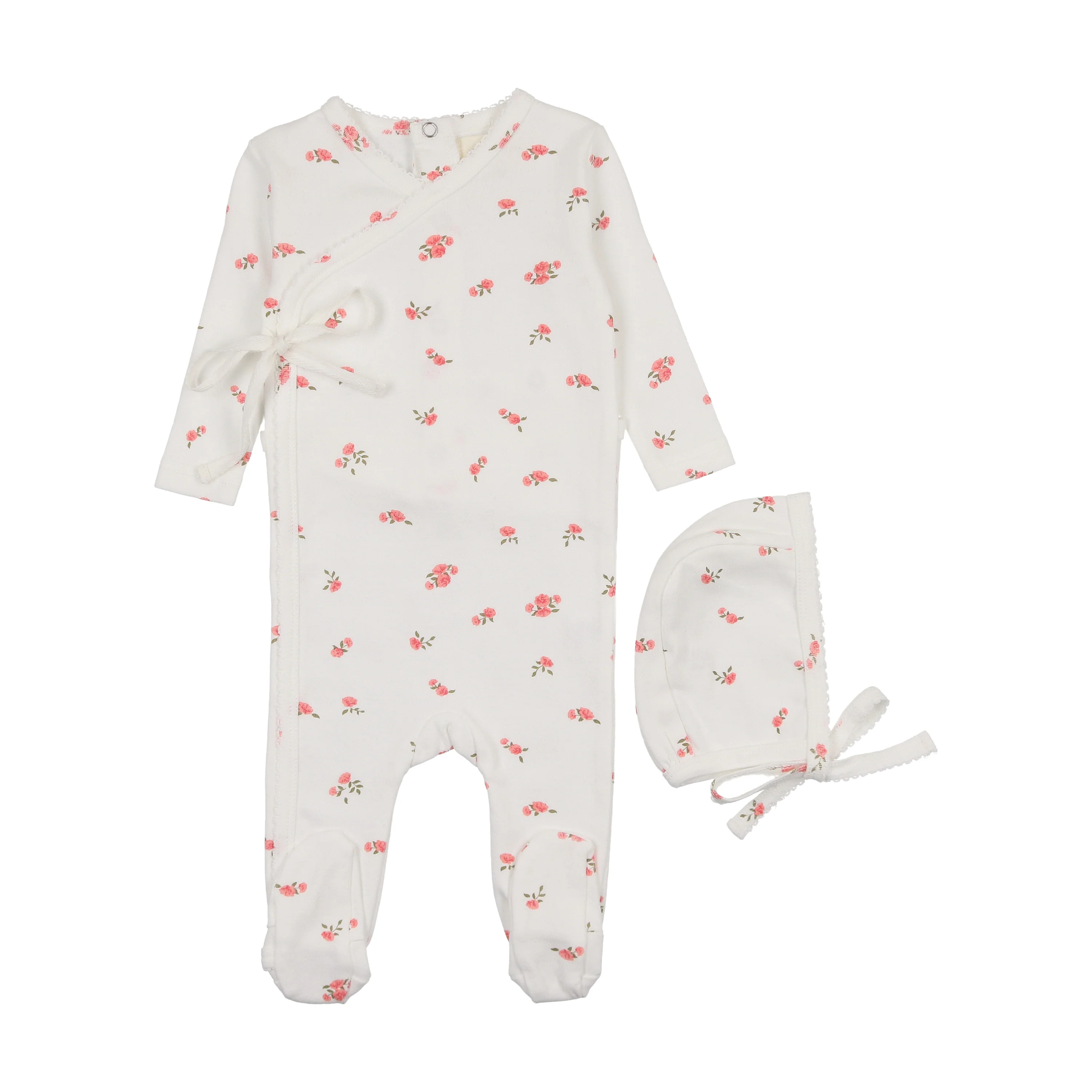 Mema Pointelle Floral Side Snap Footie & Bonnet - Floral Pink