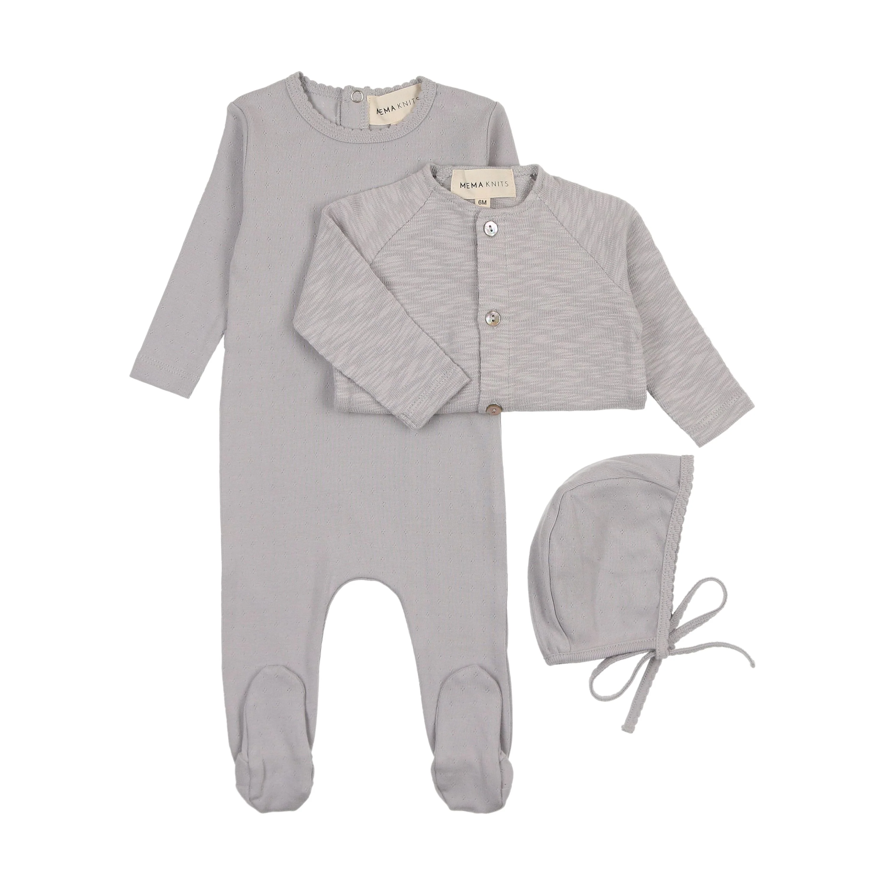 Mema Pointelle Footie Slub Cardigan & Beanie - Light Blue