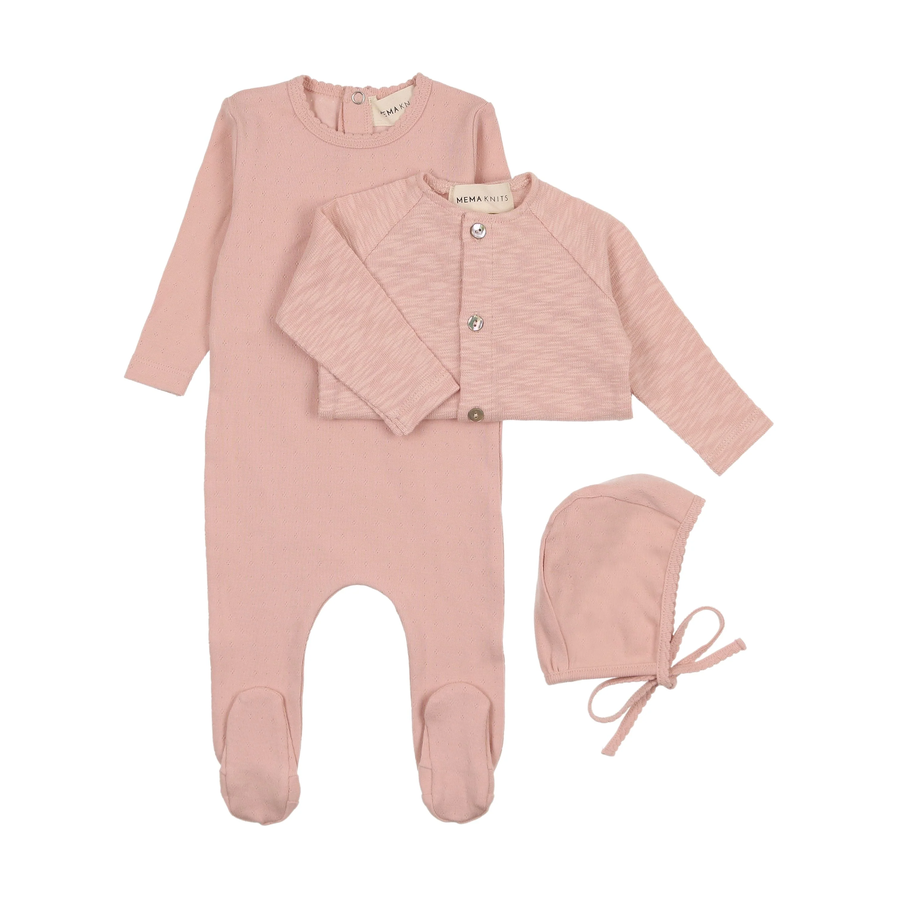 Mema Pointelle Footie Slub Cardigan & Beanie - Mauve