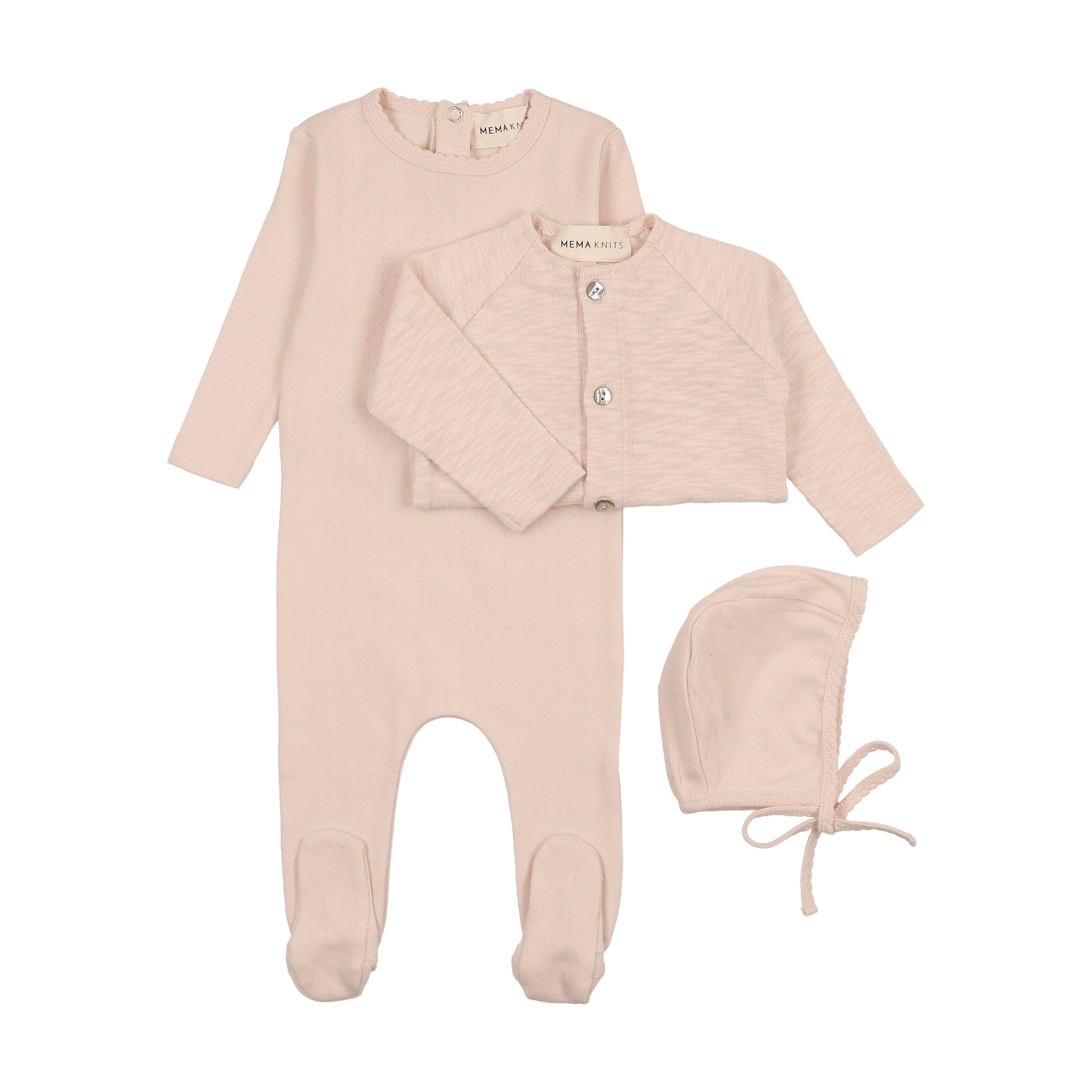 Mema Pointelle Footie Slub Cardigan & Beanie - Peach Dust