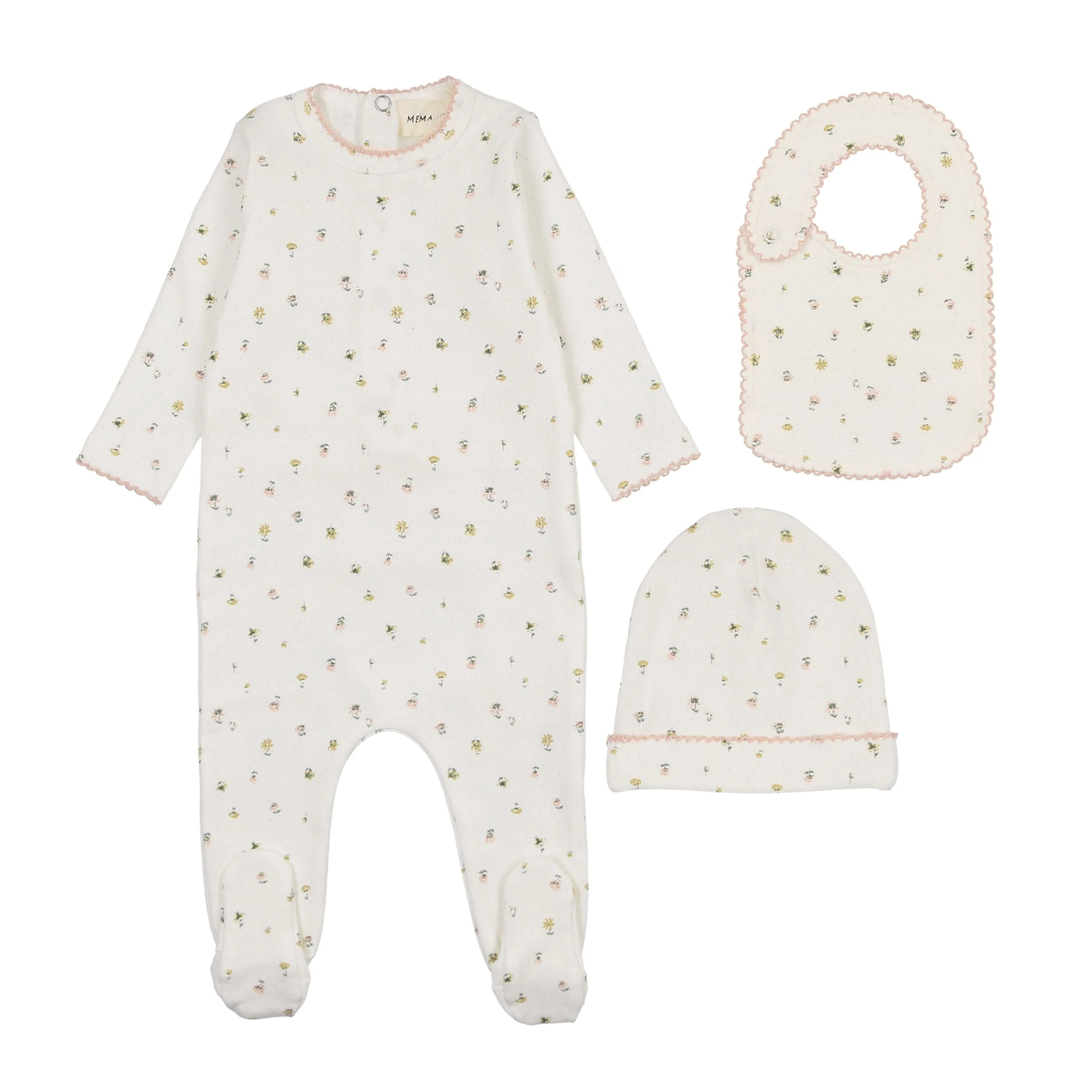 Mema Polka Dot Floral Footie & Beanie & Bib - Floral Pink