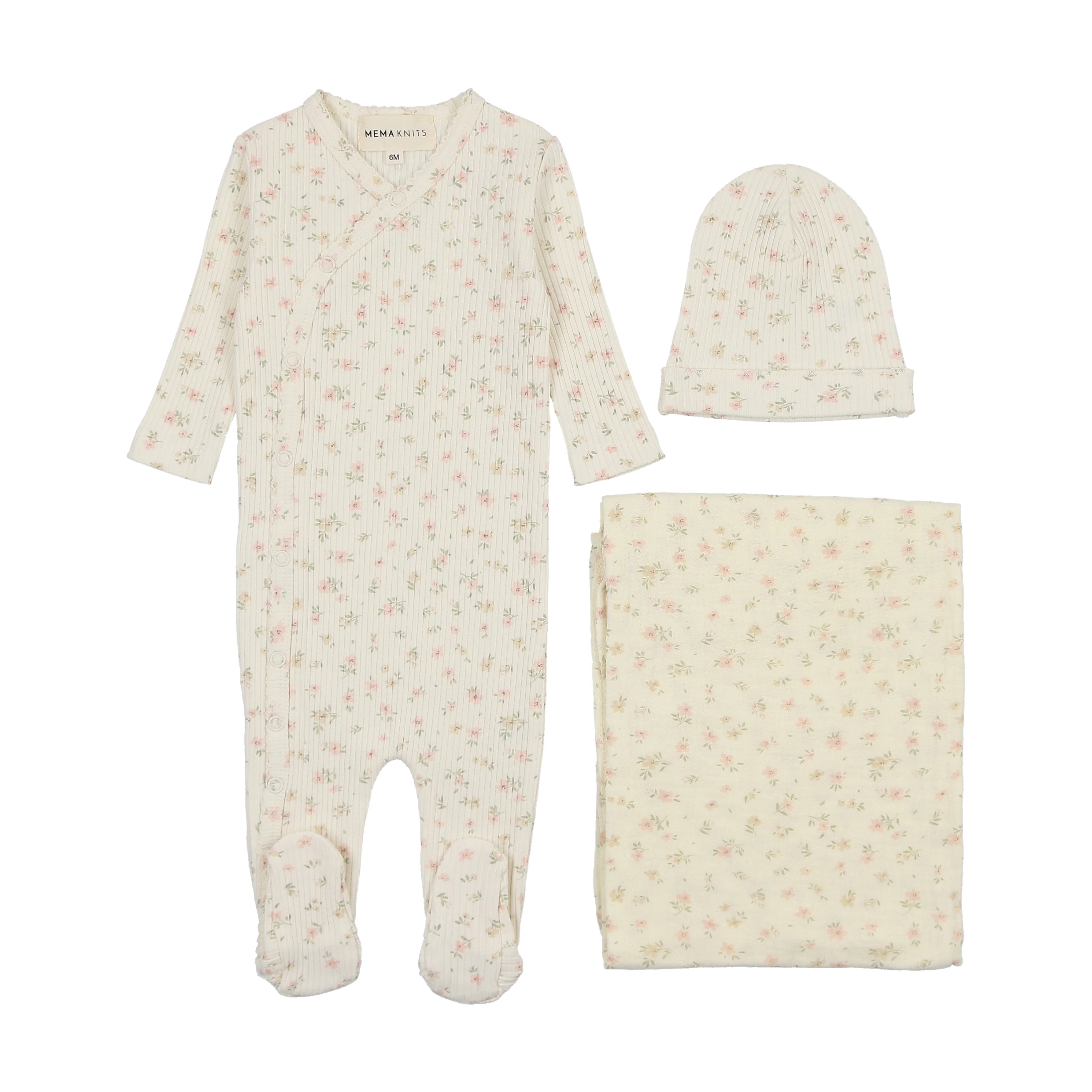 Mema Printed Side Snap 3PC Layette Set - Pink Floral