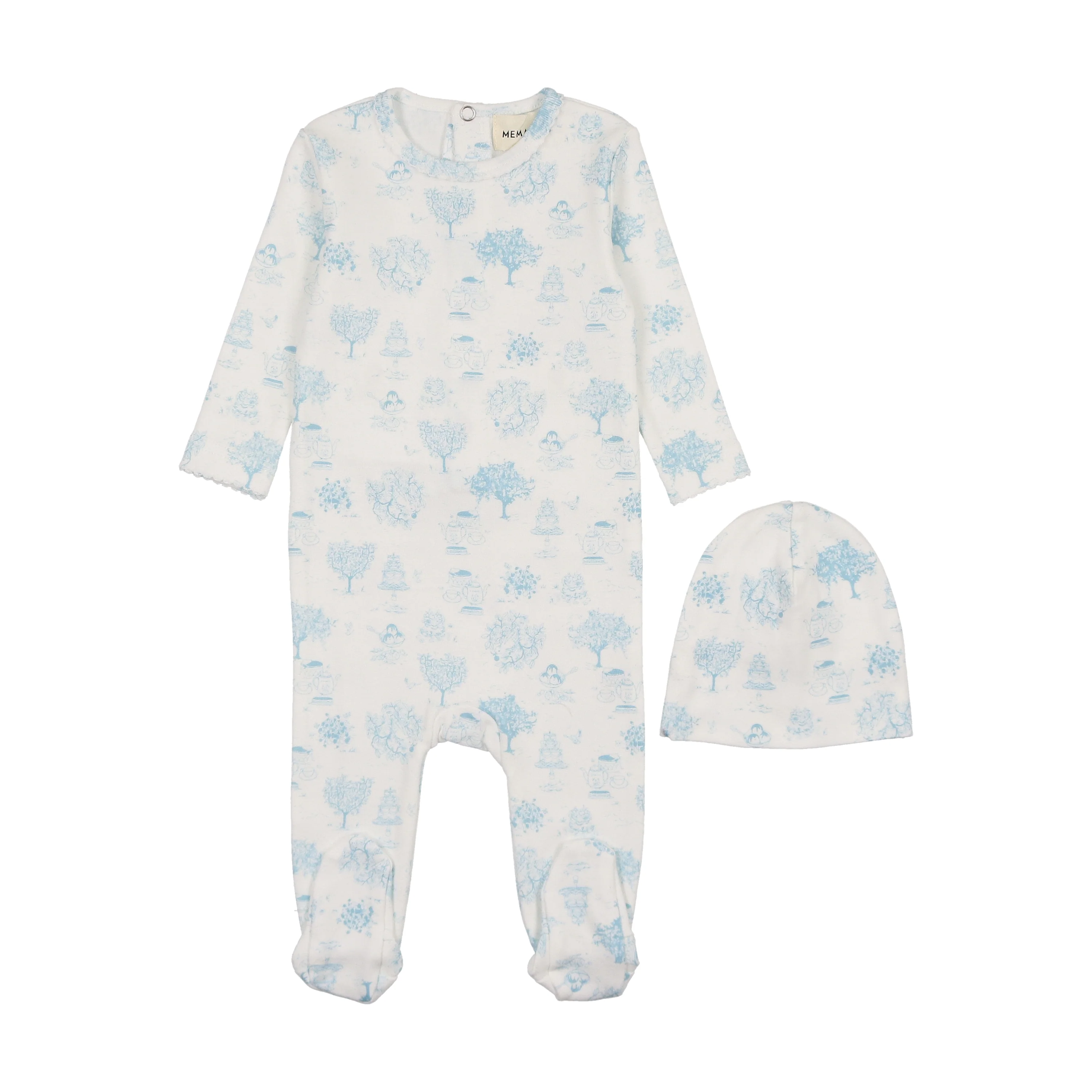 Mema Toile Print Footie & Beanie - Blue Toile Print