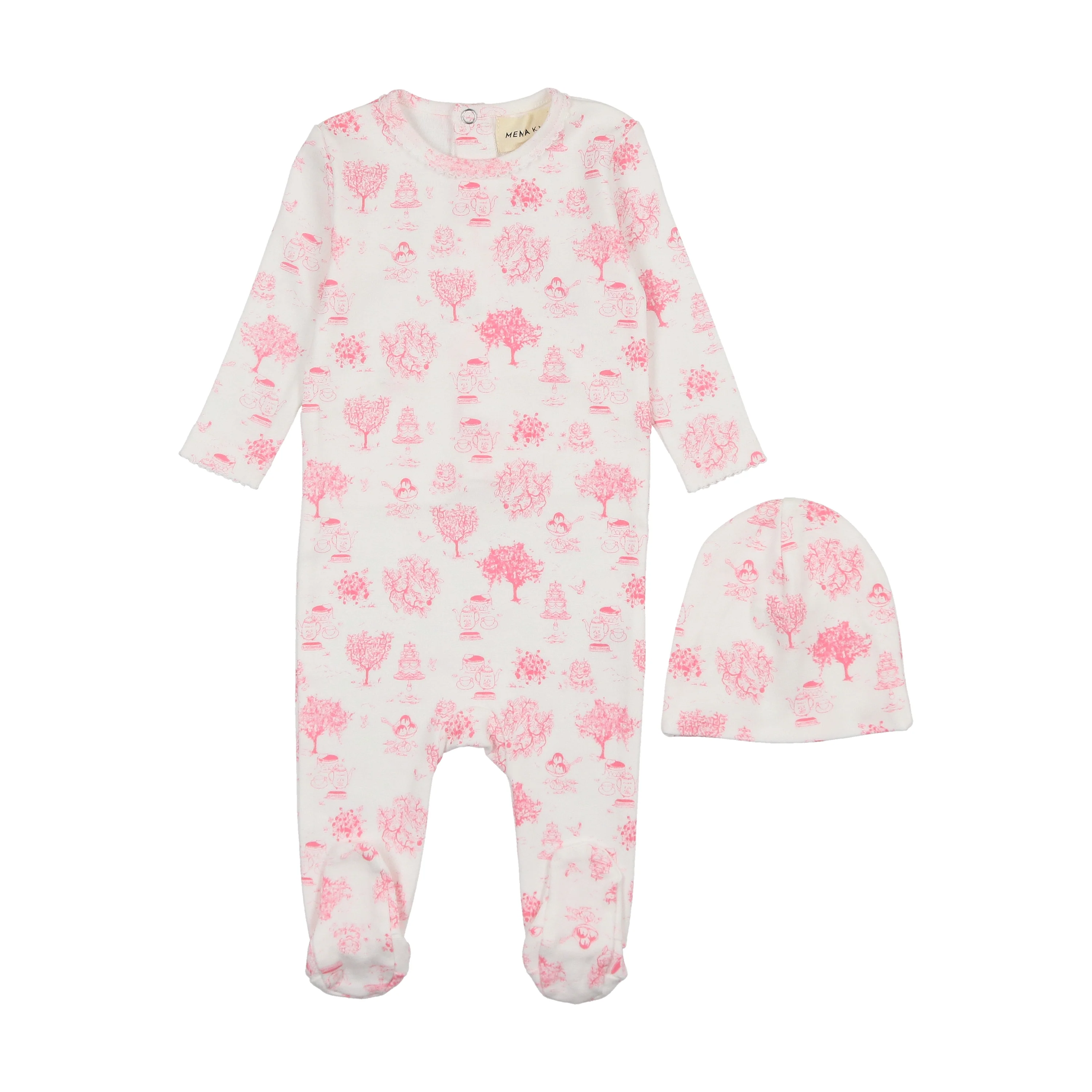 Mema Toile Print Footie & Beanie - Pink Toile Print