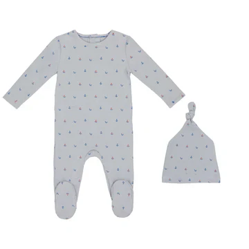 Mini Label Boys Nautical Print Footie And Hat - Sea Blue