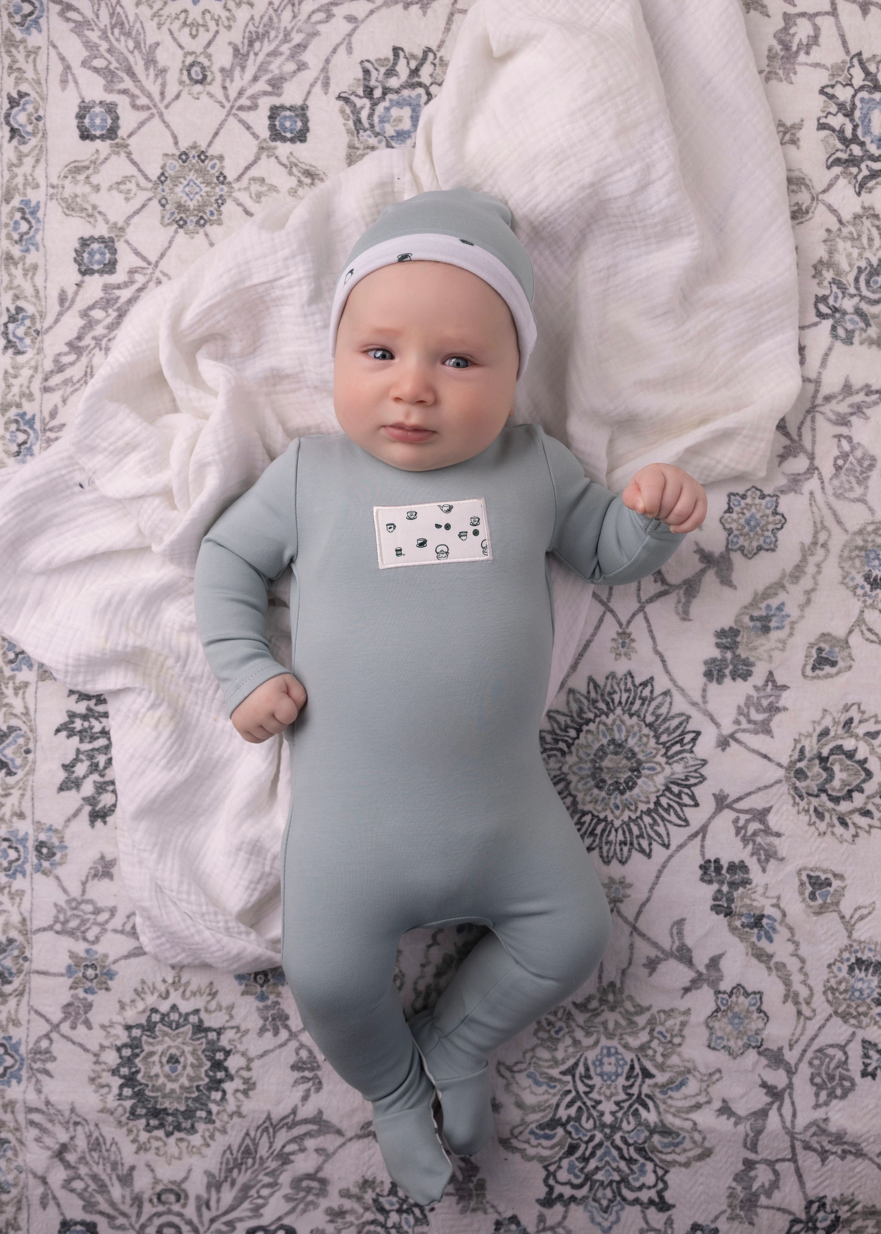 Mini Label Boys Tea Print Footie And Hat - Image 2