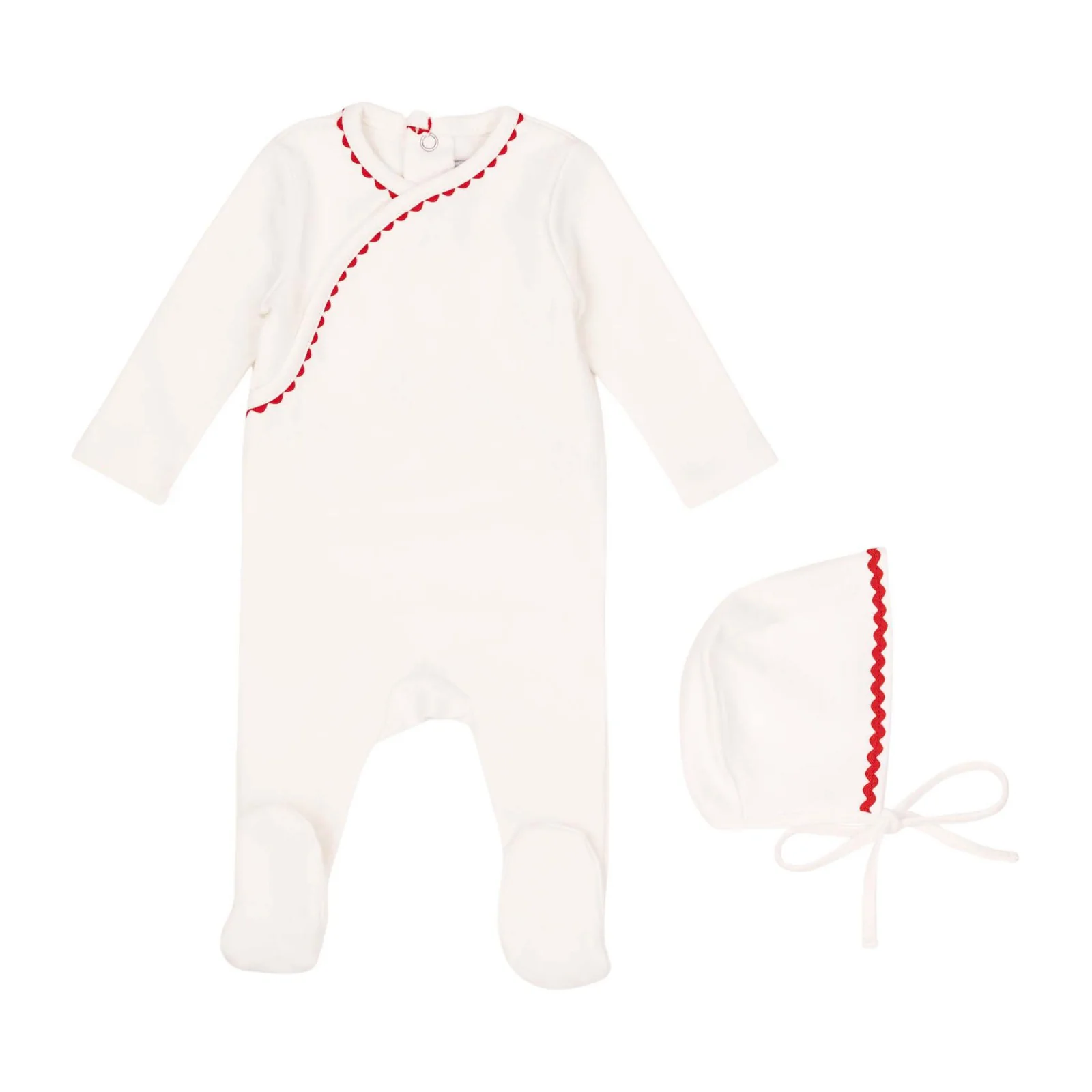Mini Label Classic Ric Rac Footie And Hat - Red On White