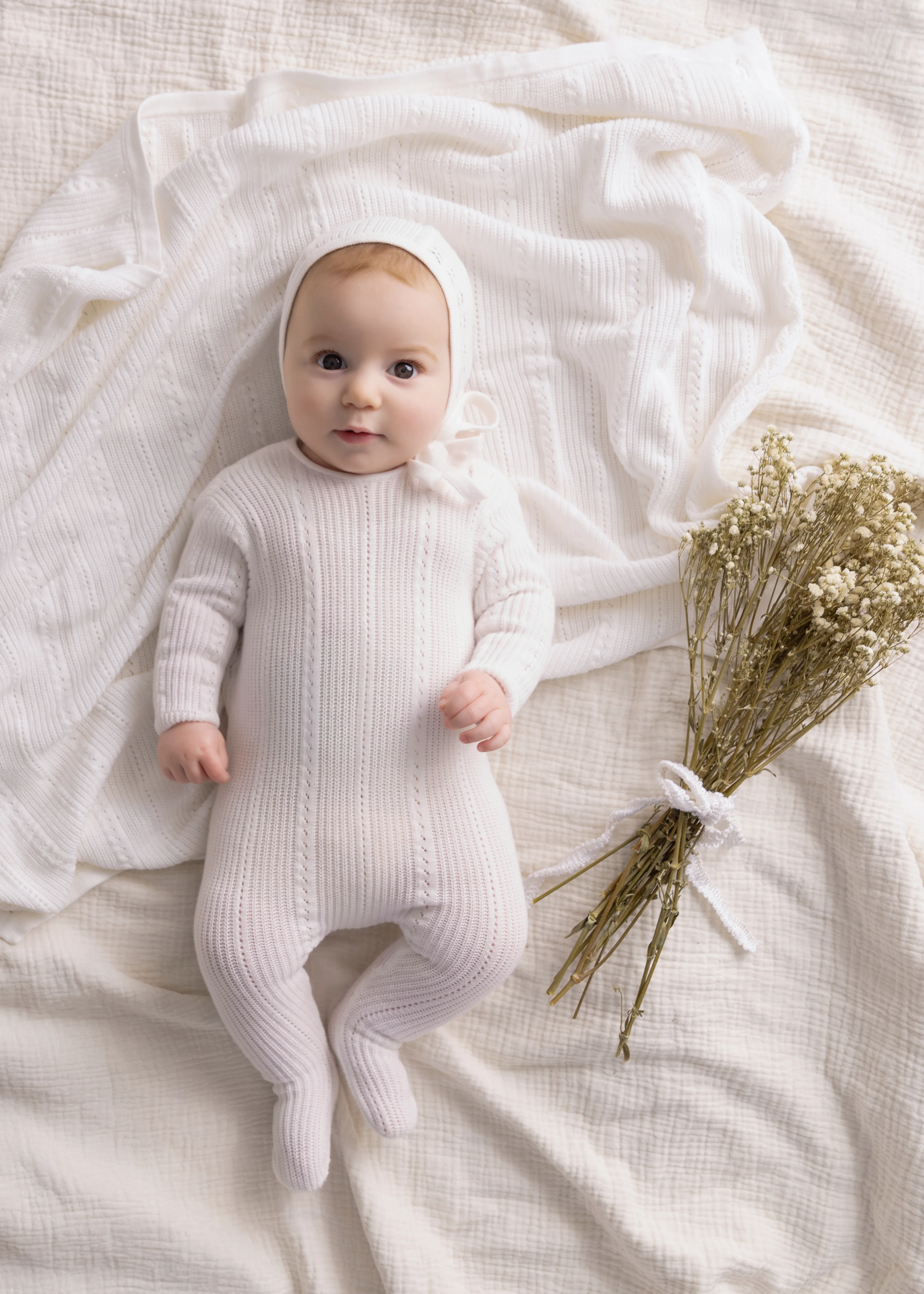 Mini Label Pointelle Knit Footie And Hat - Ivory - Image 2