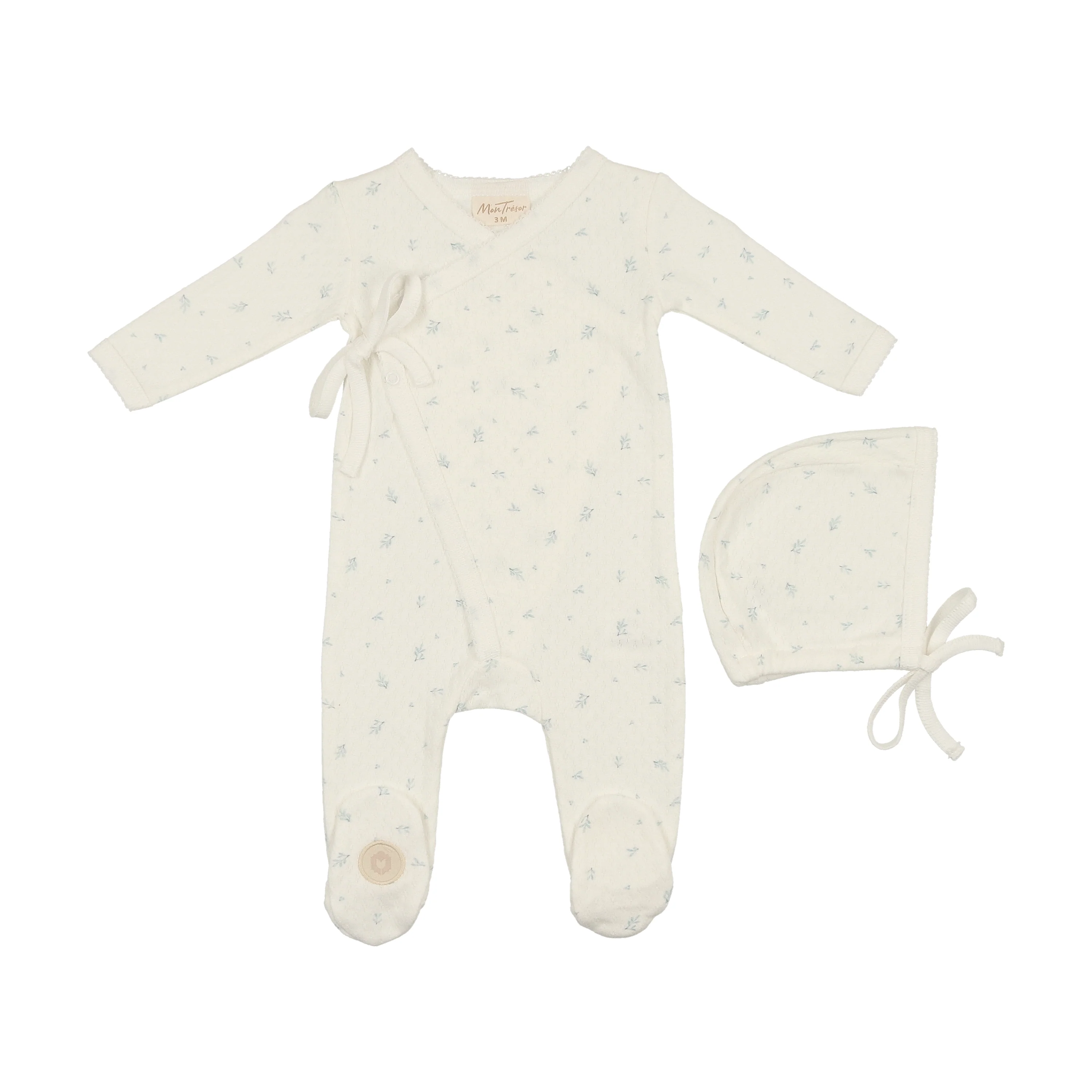 Mon Tresor Leaf Print Footie & Beanie Set - Blue